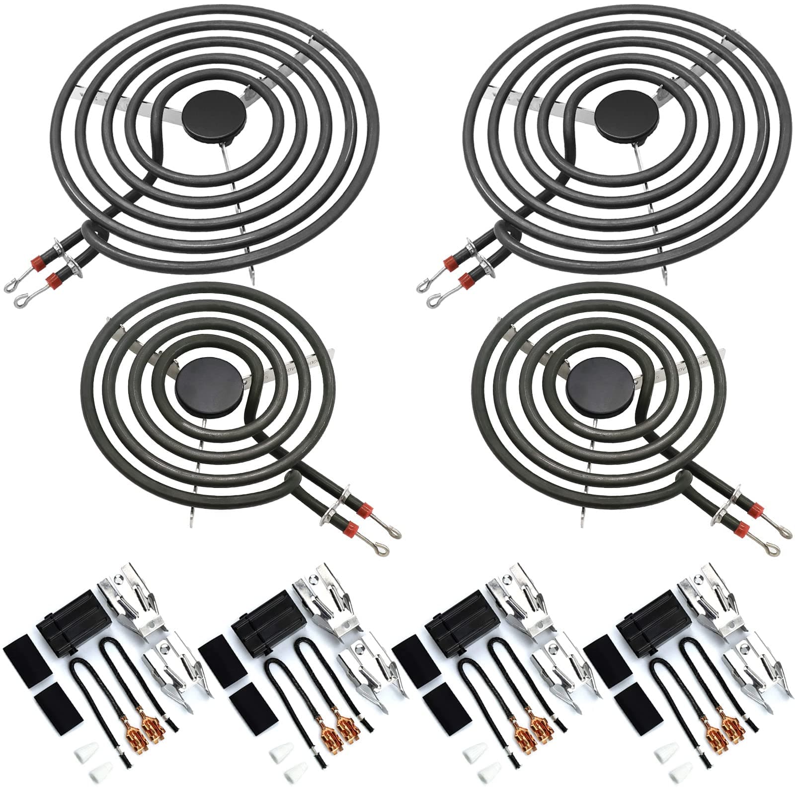 AMI PARTS MP22YA Electric Range Burner Element Unit Set（2 pcs MP21YA 8" & 2 pcs MP15YA 6"）with 4pcs 330031 Range Burner Receptacle Kit Fit for Whirl-pool Ken-more Stoves Replace WP660532, WP660533