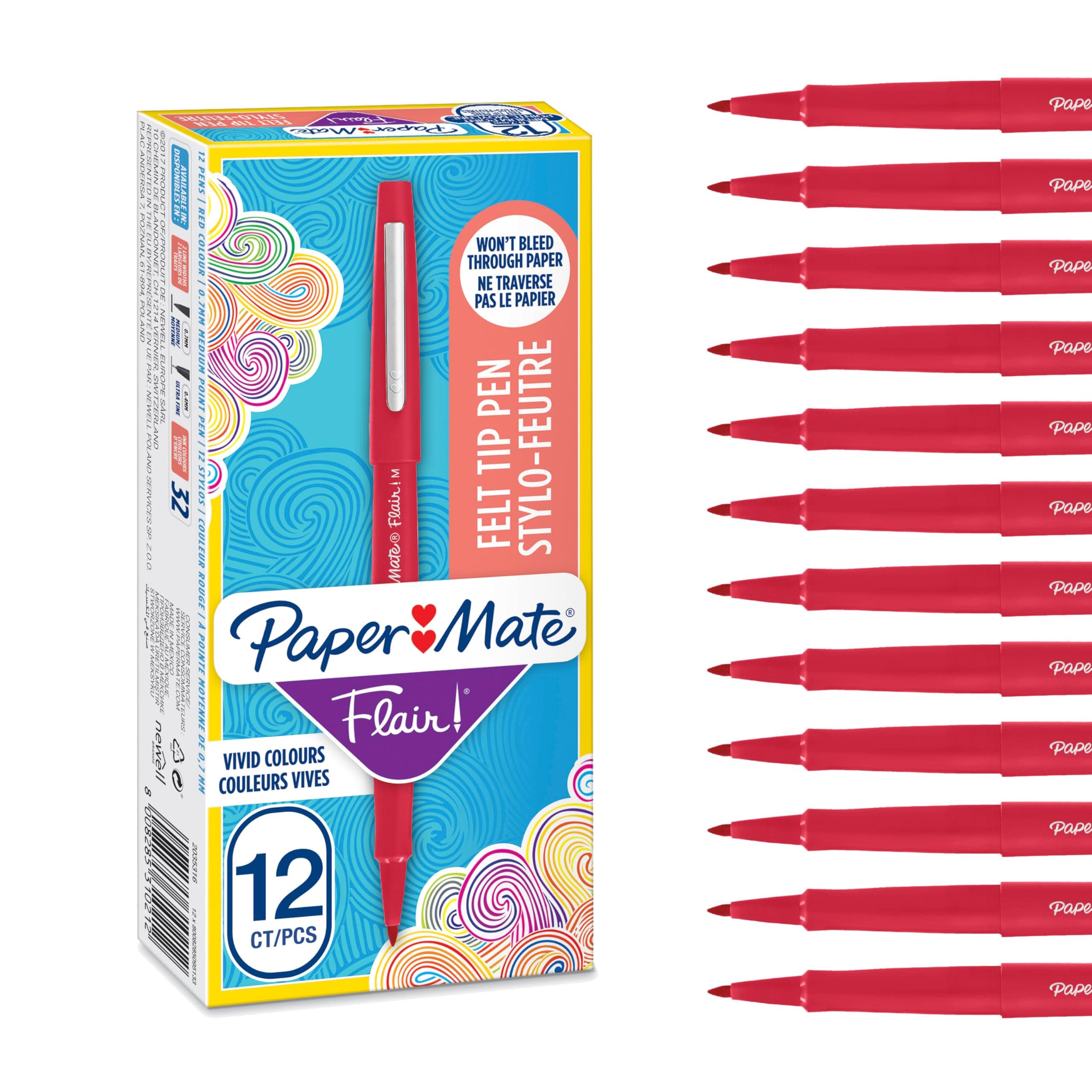 Flair Felt Tip Pens | Medium Point (0.7mm) | Red | 12 Count