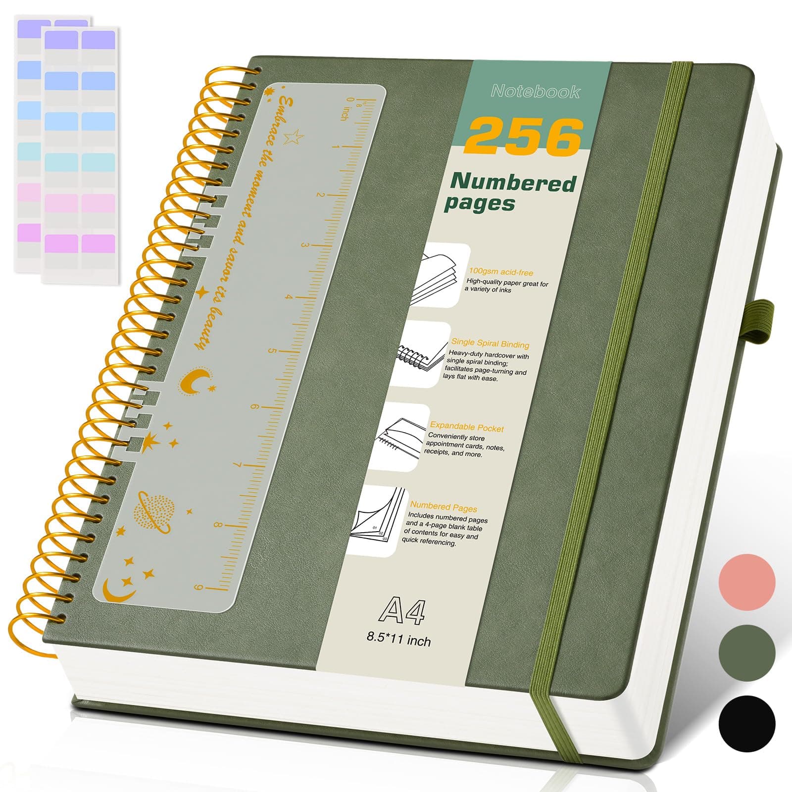 A4 Spiral Notebook Journal 8.5” x 11”, 256 Numbered Pages Hardcover Leather Journals for Women Men, Large Lined College Ruled Notebooks, 100GSM Thick Paper, Spiral Bound Journal for Work School, Green