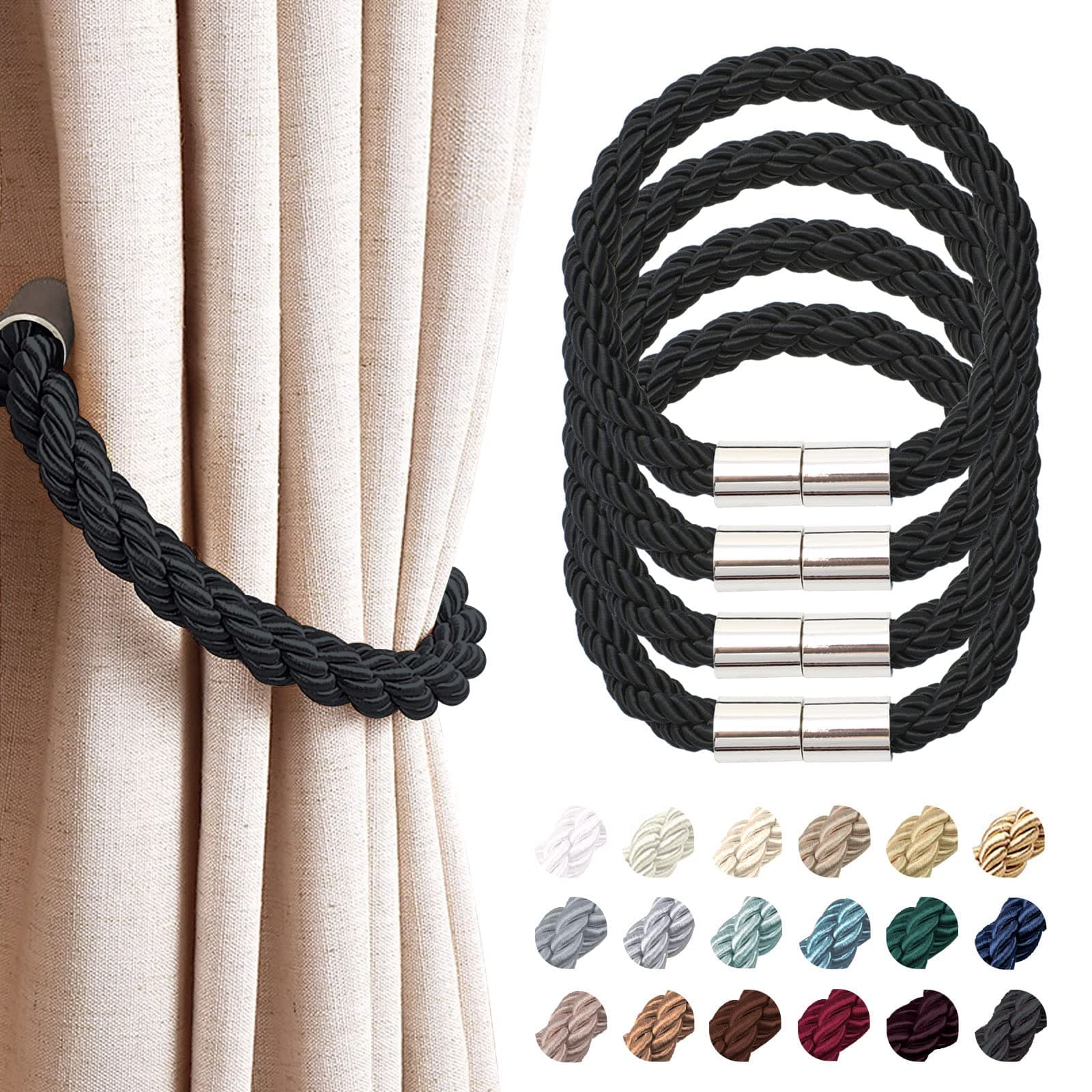 NICEEC 4 Pack Strong Magnetic Curtain Tiebacks Modern Simple Style Drape Tie Backs Convenient Decorative Weave Rope Curtain Holdbacks for Thin or Thick Home & Office Window Draperies (Black)