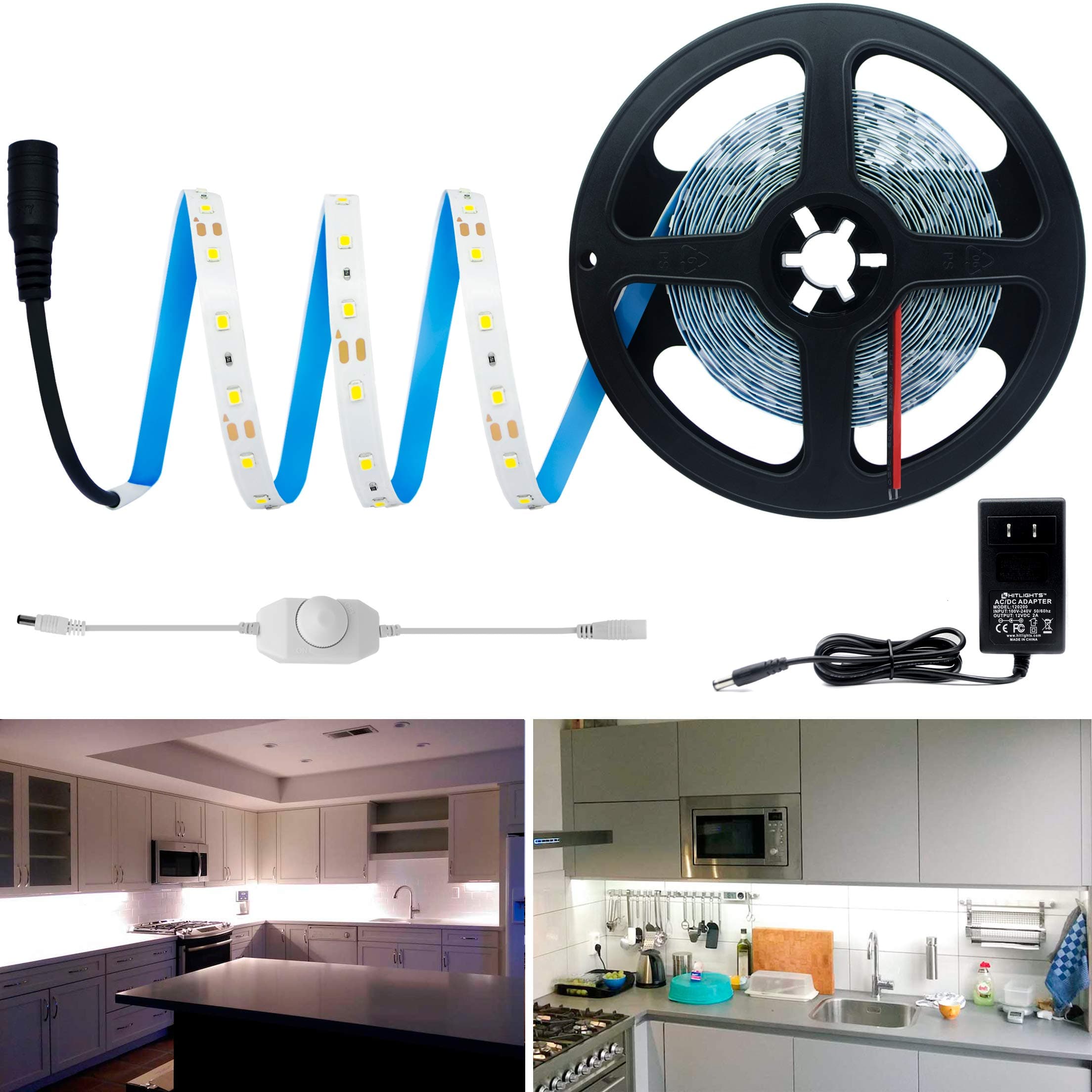 HitLights Cool White LED Light Strip Kit, 16.4 Feet - Includes Power Supply and Dimmer. 300 LEDs, 5000K, 72 Lumens per Foot. 12V DC