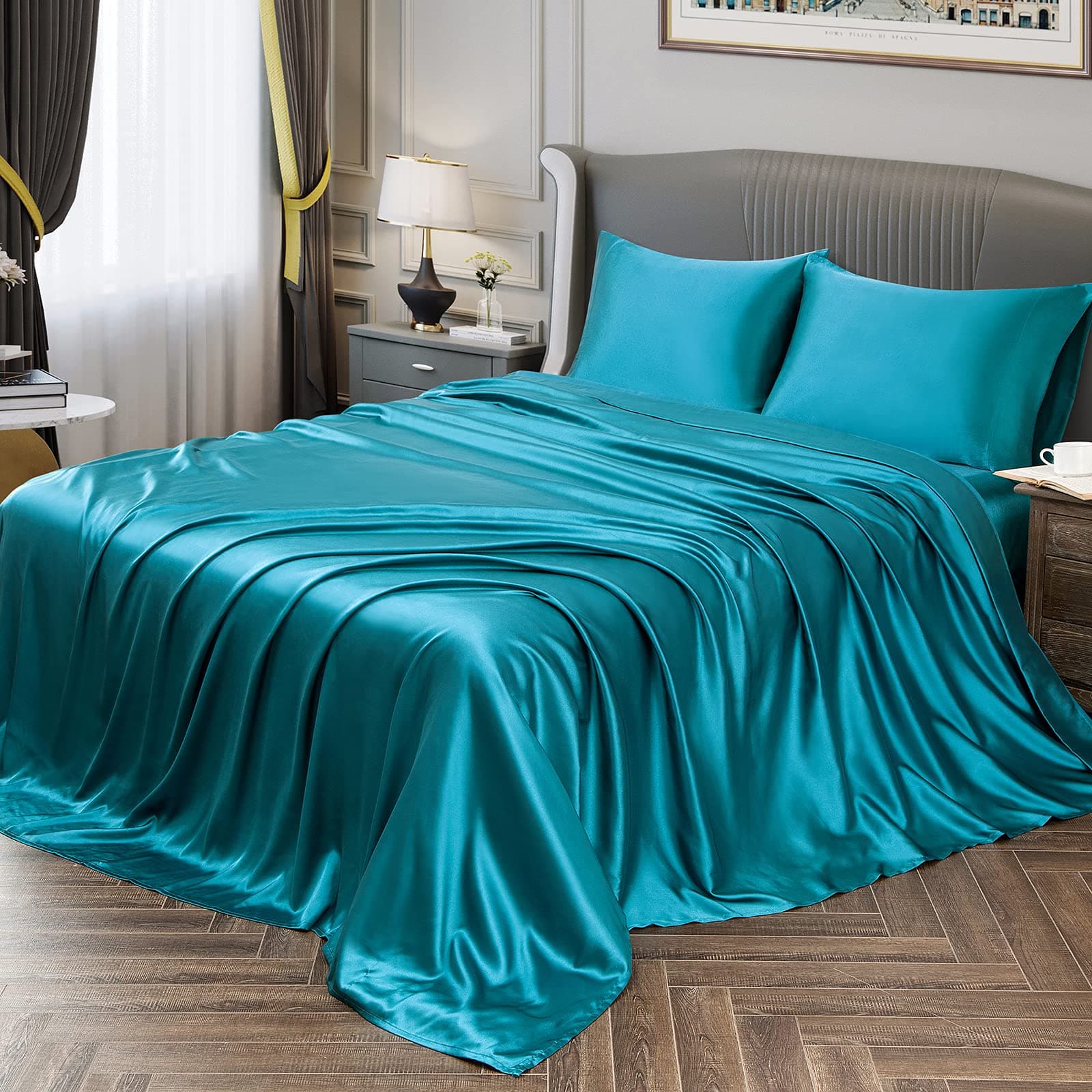 Vonty Satin Sheets Queen Size Silky Soft Satin Bed Sheets Teal Sheet Set, 1 Deep Pocket Fitted Sheet + 1 Flat Sheet + 2 Pillowcases