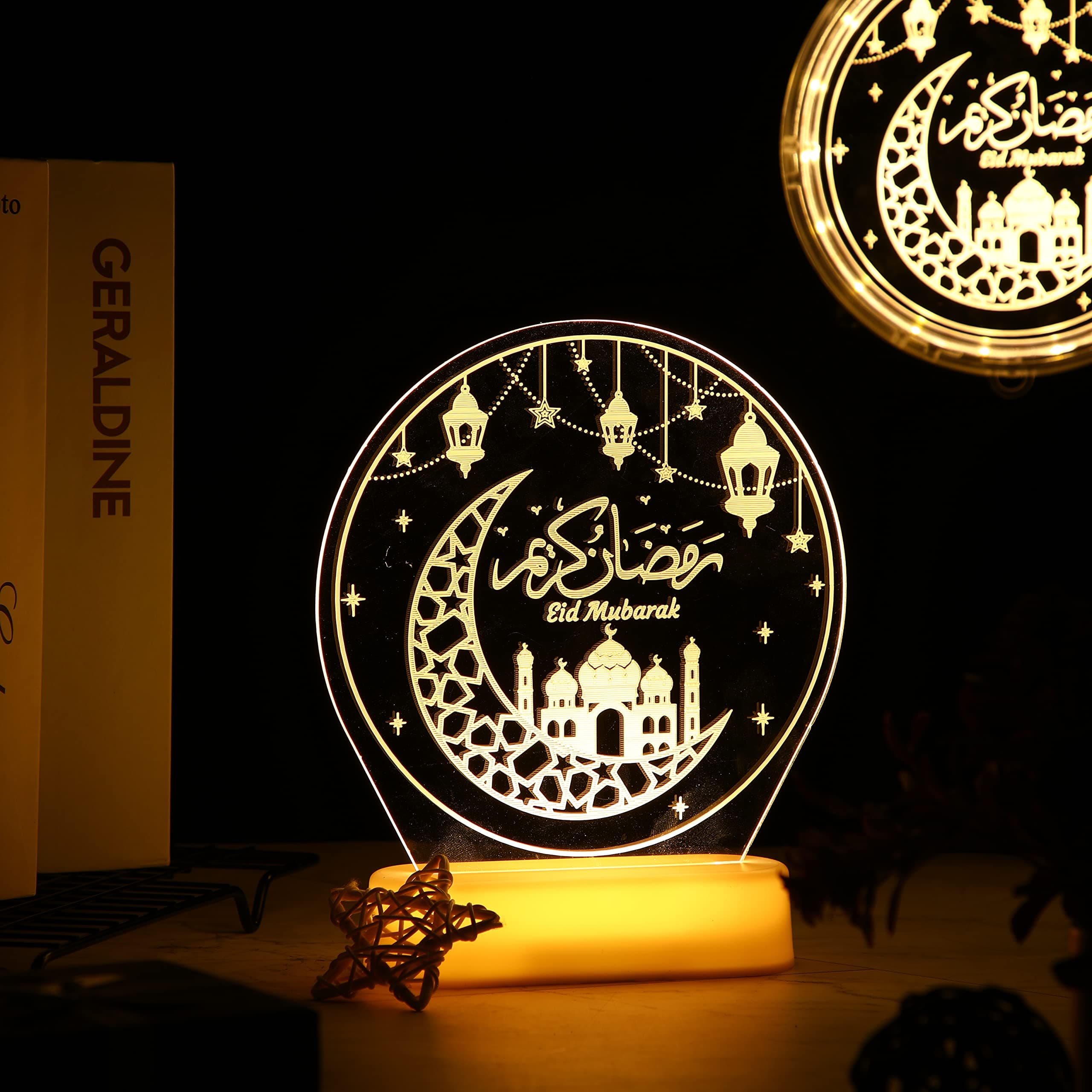 Honoson Ramadan Table Decoration for Home Ramadan LED Lights Eid Mubarak Star Moon Shaped Night Lamp Ornaments Mubarak Gift for Muslims Family Islamic Holiday Eid Al Fitr Party