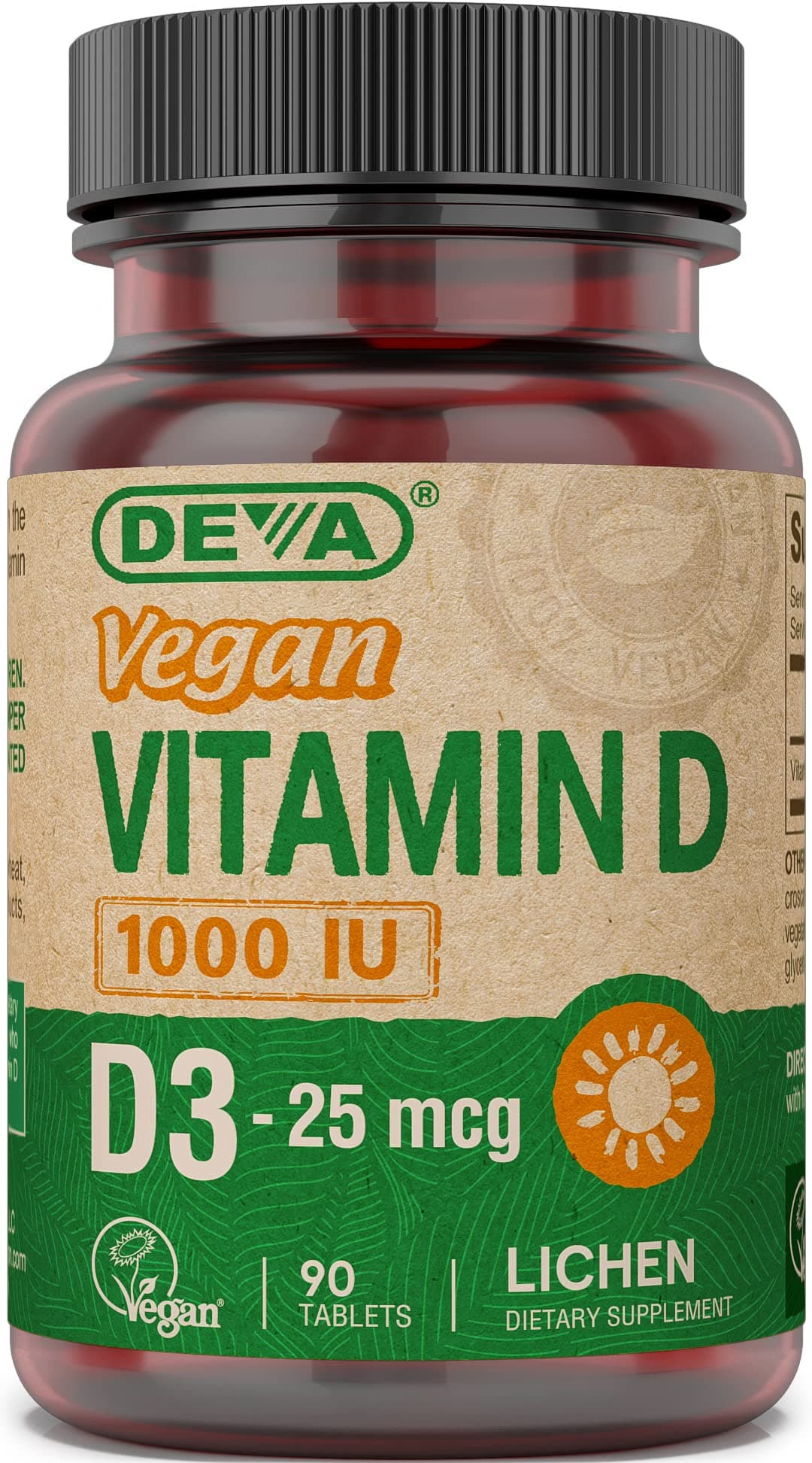 DEVA Vegan Vitamin D3 Supplement - Once-Per-Day Tablet with 1000 IU - Cholecalciferol - Lichen Plant Derived - 90 Small Tablets