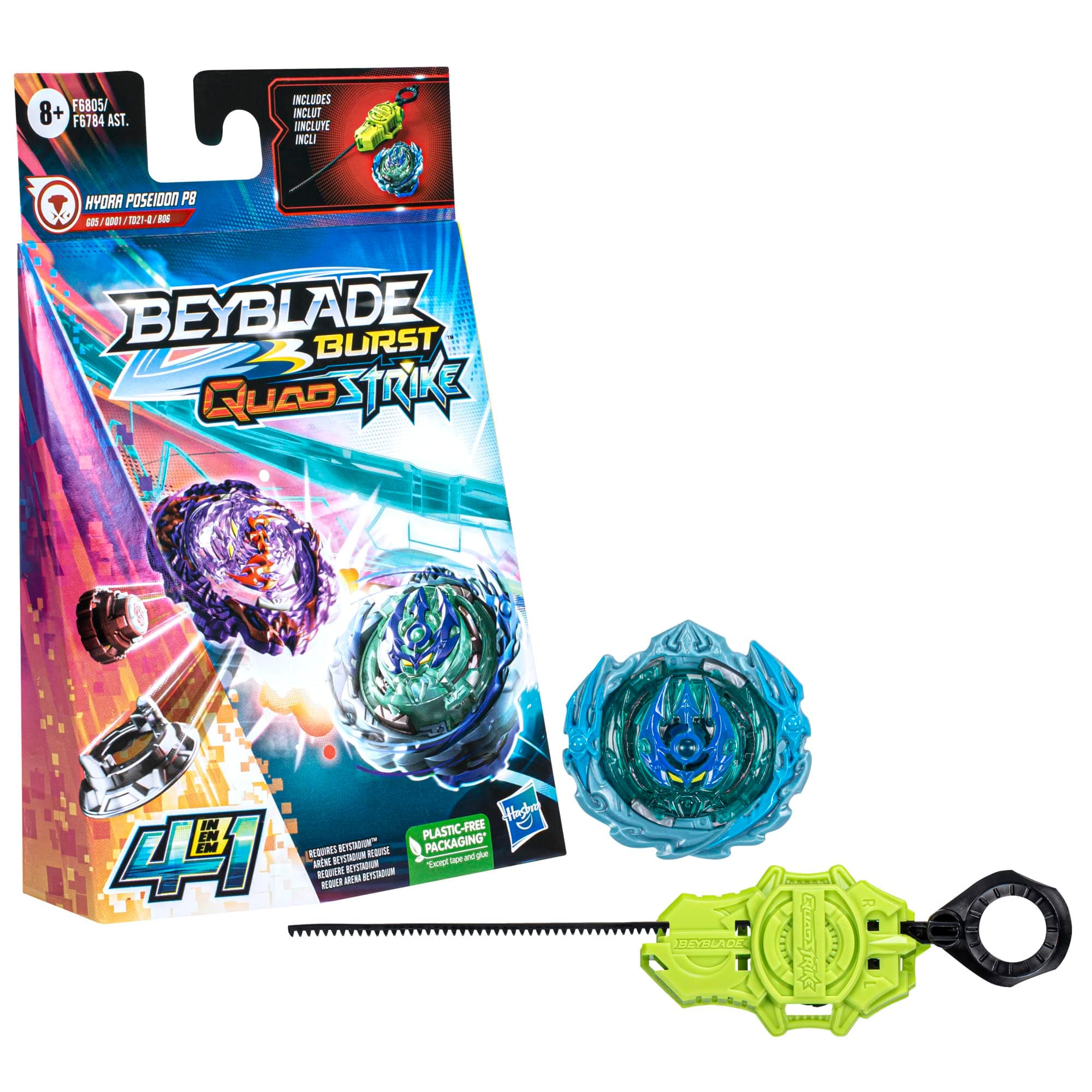Beyblade Burst QuadStrike Hydra Poseidon P8 Spinning Top Starter Pack, Balance/Defense Type Battling Game with Launcher, Kids Toy Set