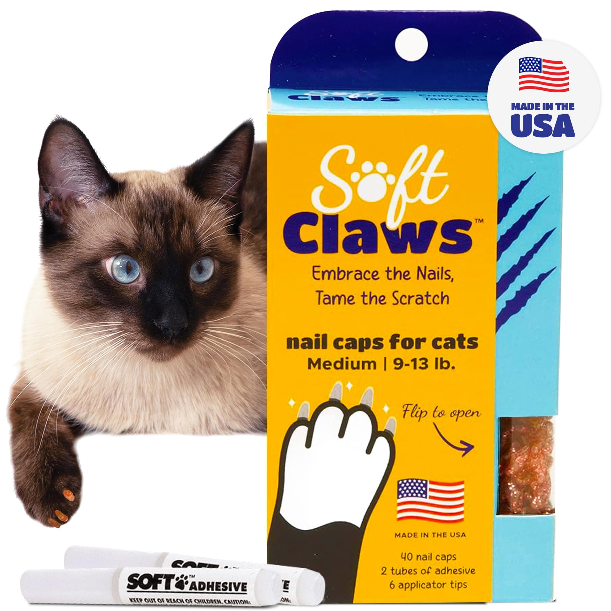 Cat Nail Caps for Medium Cats – (40 Caps, Pink Sparkle) - Made in USA - Veterinarian-Developed | Protects Furniture & Skin - Easy to Apply, Long-Lasting Anti-Scratch Soft Cat Claw Covers