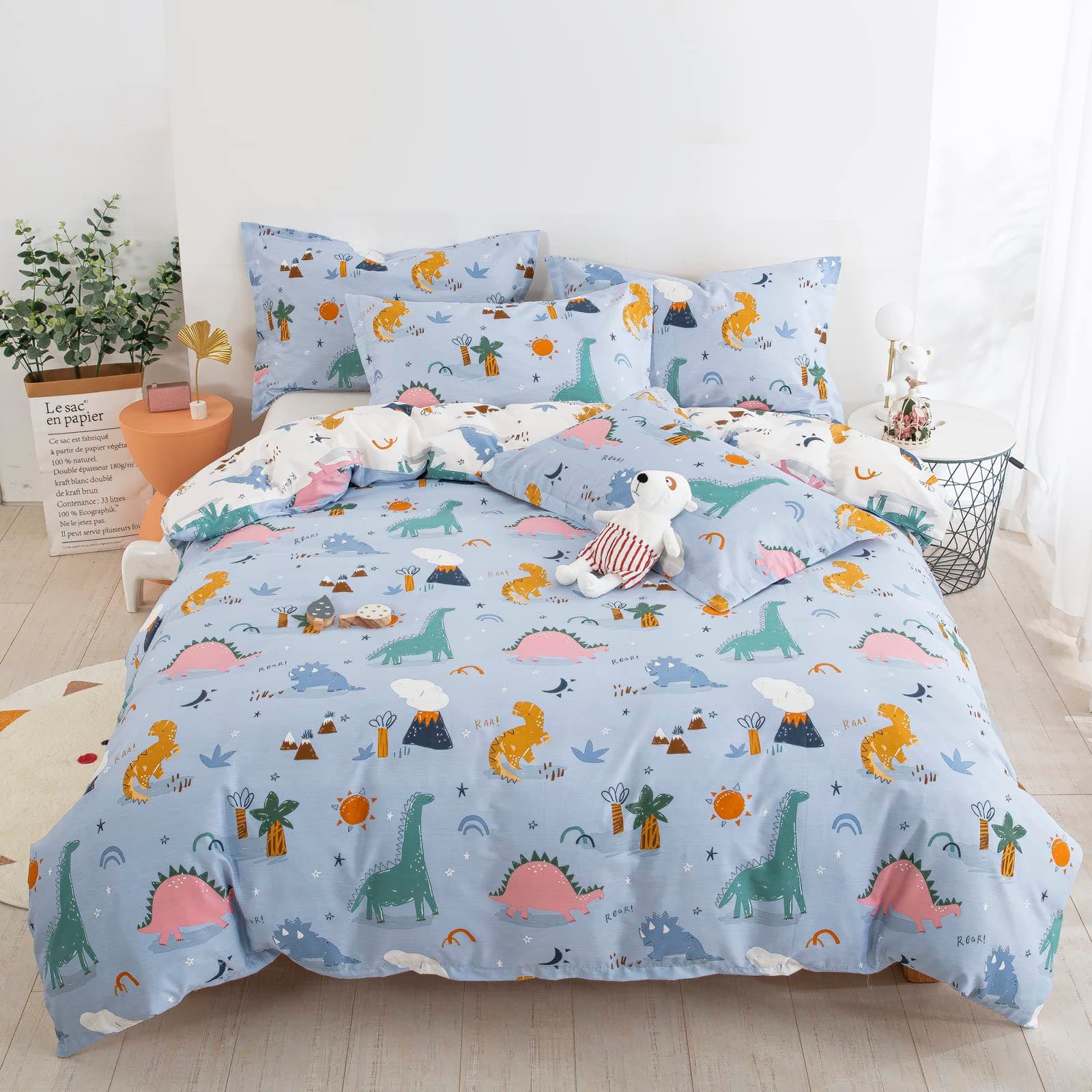 Dinosaur Duvet Cover Set Twin, 100% Cotton Blue White Reversible Kids Bedding Set for Boys Girls, 2 Pieces Ultra Soft Breathable Comforter Cover Set (1 Duvet Cover+1 Pillowcase)