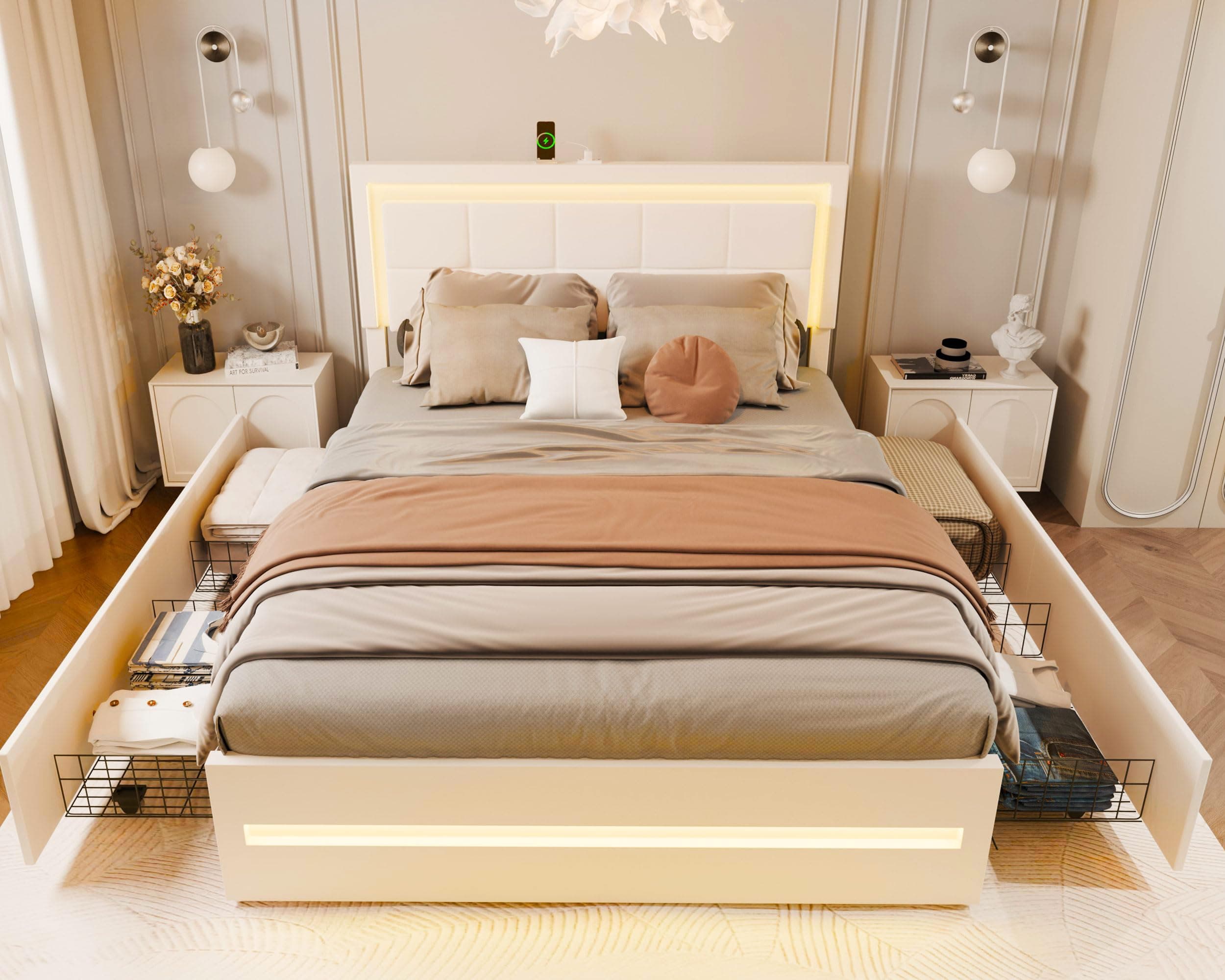 DYHOME Queen Bed Frame with LED Lights and 4 Storage Drawers, Upholstered Platform LED Bed Frame Queen Size with Charging Station Button PU Leather Headboard, No Box Spring Needed, White