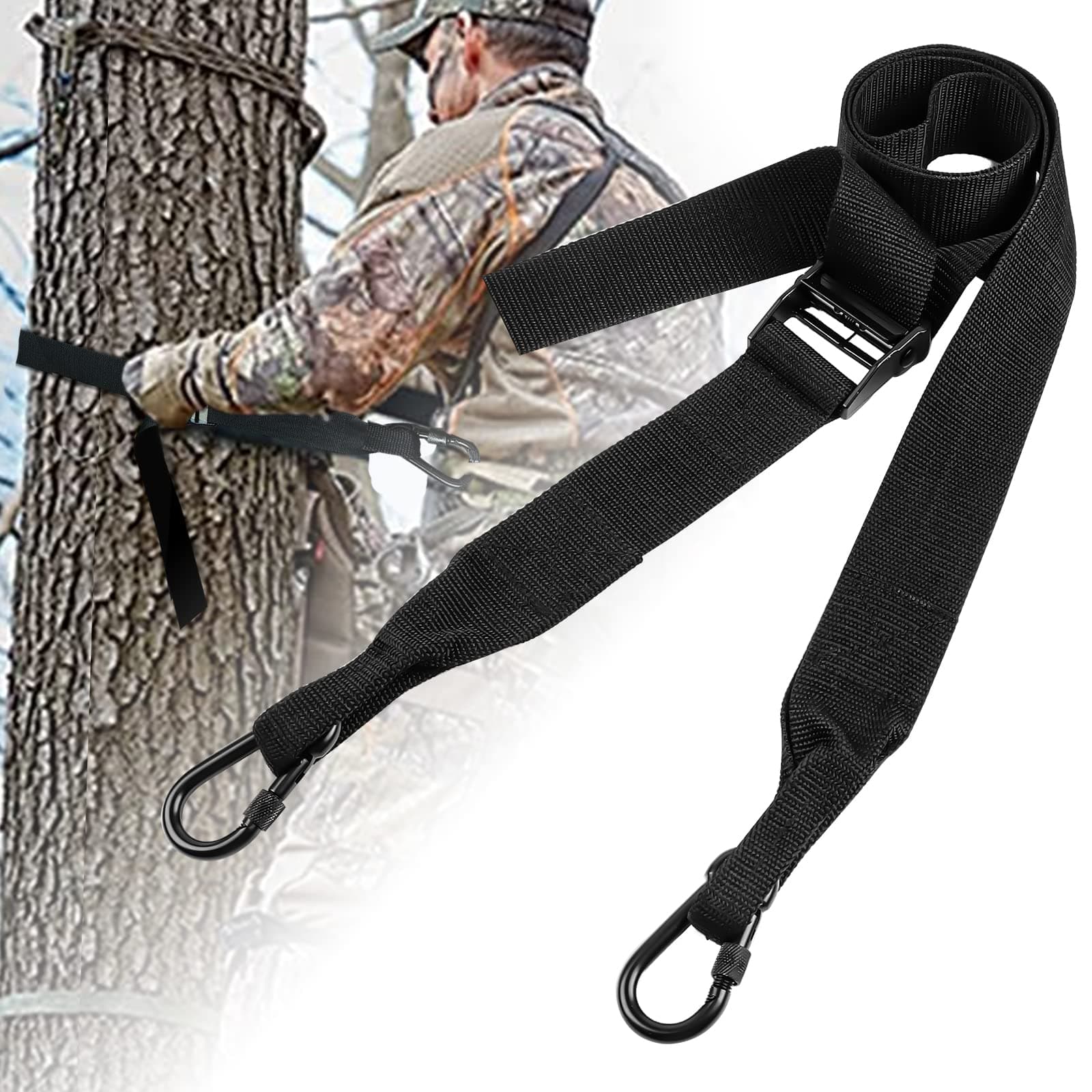 Heavy Duty Lineman Climbing Strap - Black Universal Tree Stand Harness With 2 Adjustable Metal Hooks, Safety Gear for Hunting & Tree Work