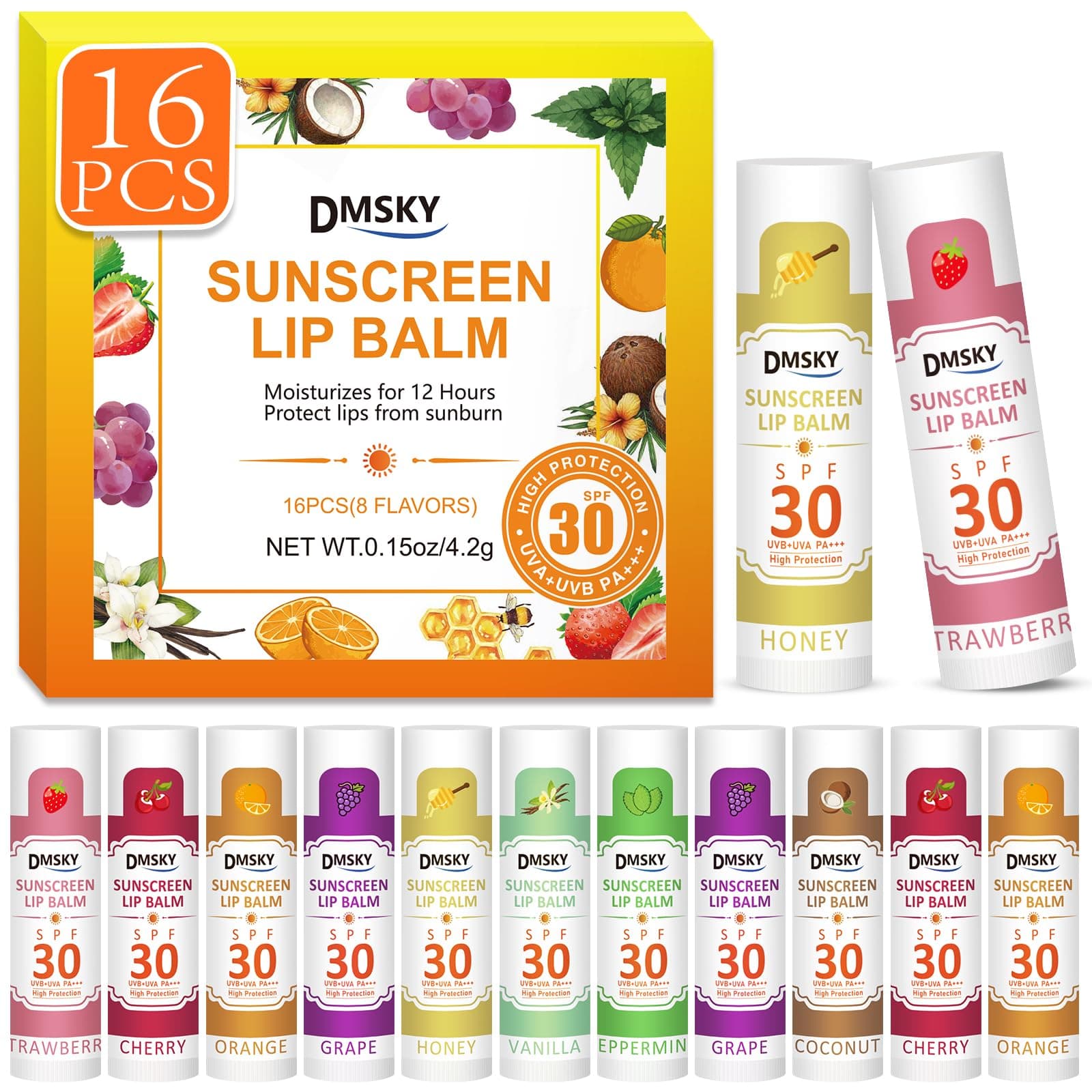 DMSKY SPF 30 Lip Balm Bulk 16 Pack, Sunscreen Lip Balm Broad Spectrum UVA/UVB Protection, Travel Size Sunscreen for Lips