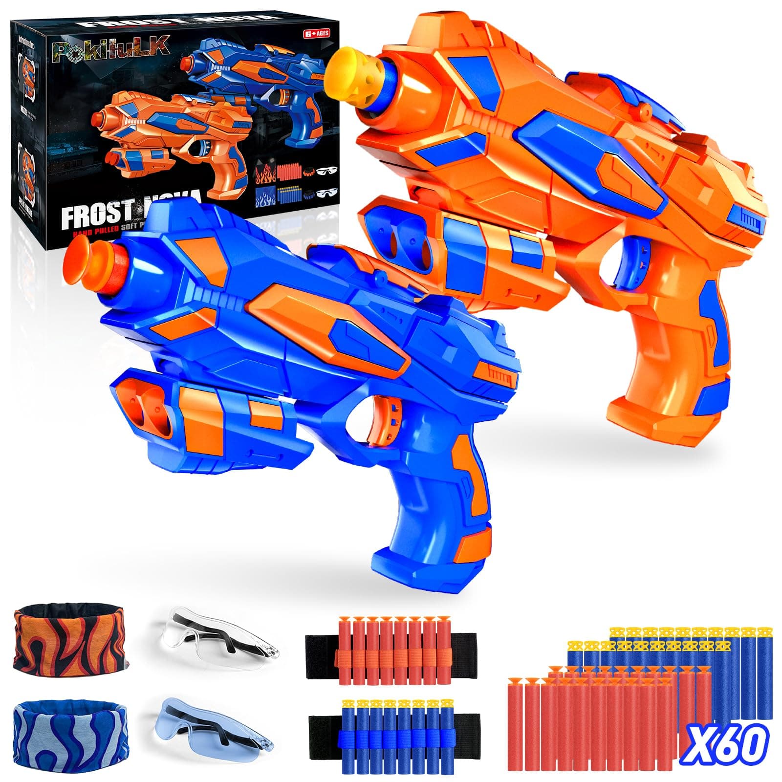 Foam Blaster Toy Guns Set-Include 60 Refill Darts, Goggles, Wrist Straps and Masks-Hand Gun Toys Birthday Party Gifts for Boys Ages 4 5 6 7 8 9 10 11 12, Pack of 2 Toy Guns Set
