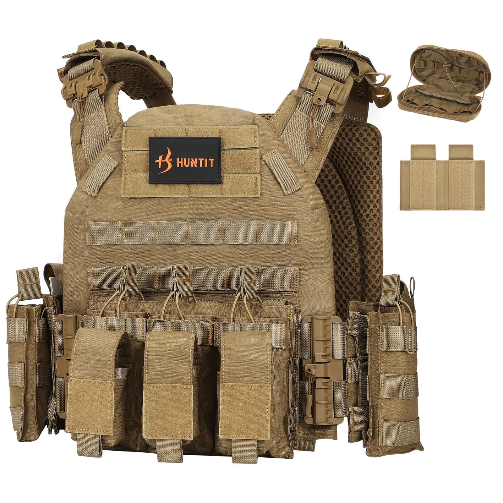 HUNTITTactical Vest Fully Adjustable Tactical Molle Vest Quick Release Airsoft Vest Weighted Vest with Utility Pouch (Brown)