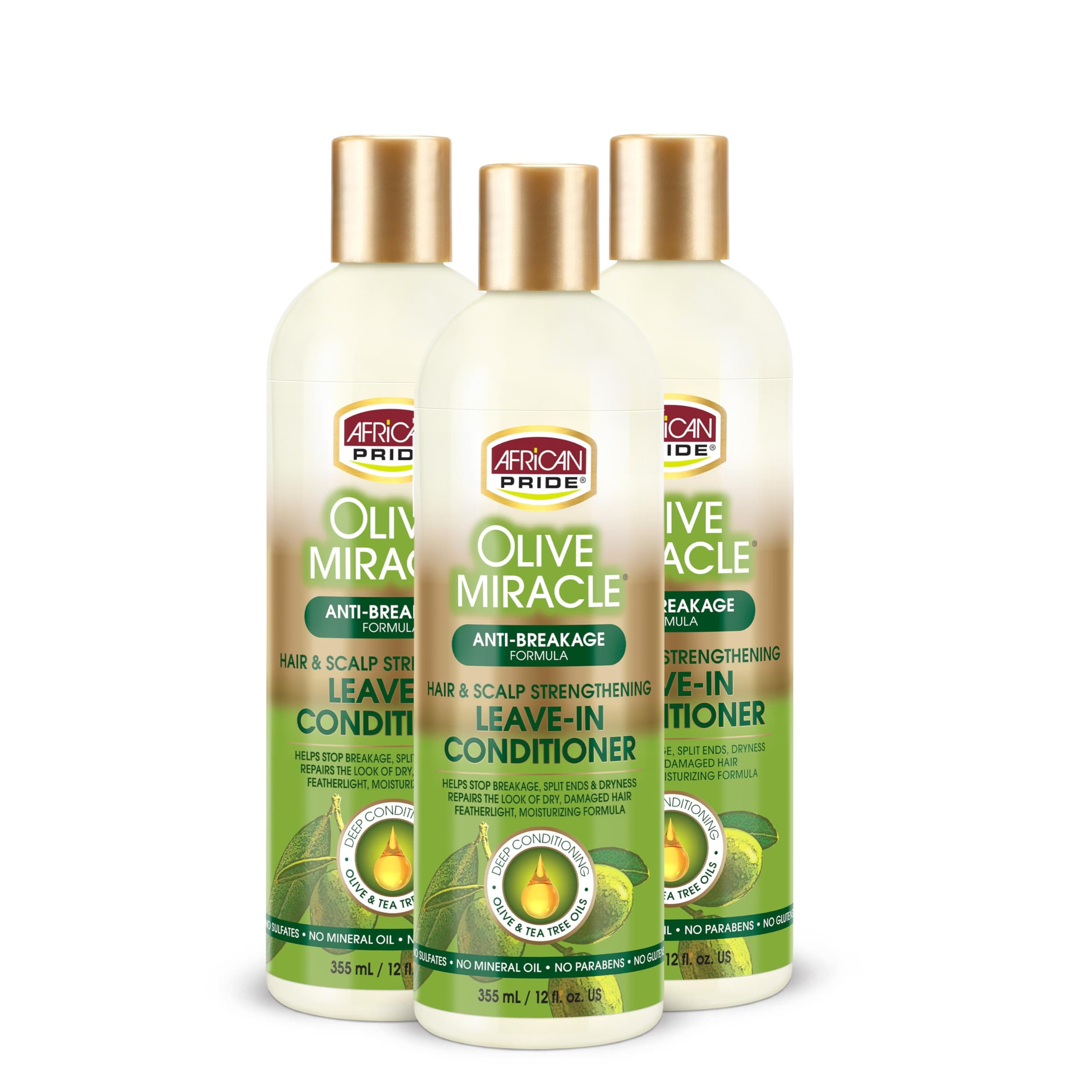 Olive Miracle Leave-In Conditioner (3 Pack) enriched with olive oil and tea tree to seal in moisture and prevent breakage. 12oz.