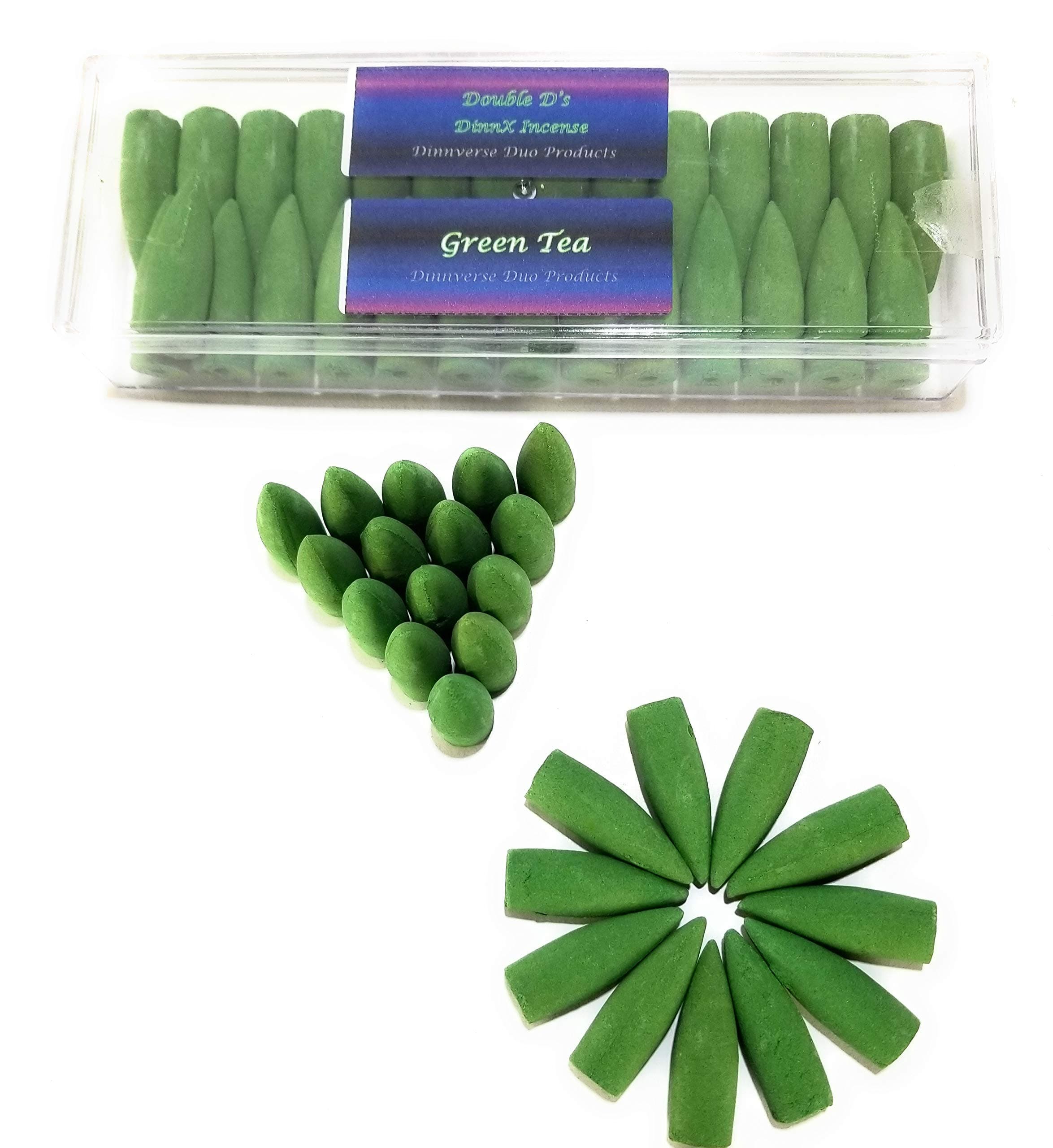 Double D's Green Tea Scented BackFlow Large Incense Cones ☆ 50 Pieces in Protective Hard Case ☆ Backflow Incense Cones ☆ Made of Sandalwood Sawdust and Essential Oil DinnX Incense Discounts