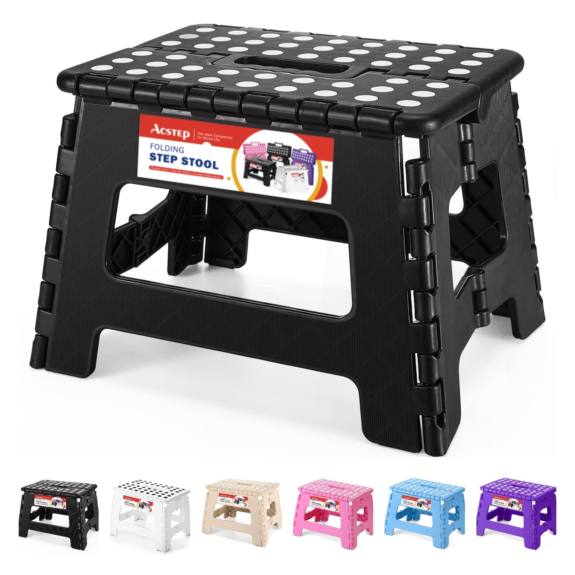 Folding Step Stool 9'' Tall Kids Step Stool Holds Up to 300 lb Plastic Foldable Step Stools for Kids Non-Slip Surface with Carry Handle Collapsible Stool for Home, Outdoor and Indoor(Black)
