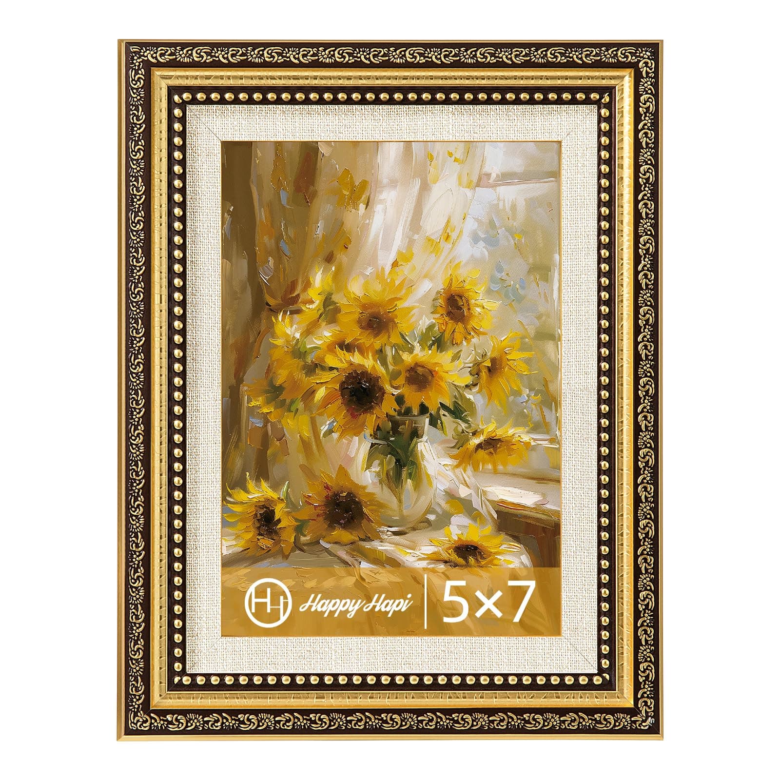 HappyHapi 5x7 Picture Frame, Vintage Picture Frames for Wall or Tabletop Display, Gold Photo Frame for Wall DécorRetro Home Decor, 1 Pack