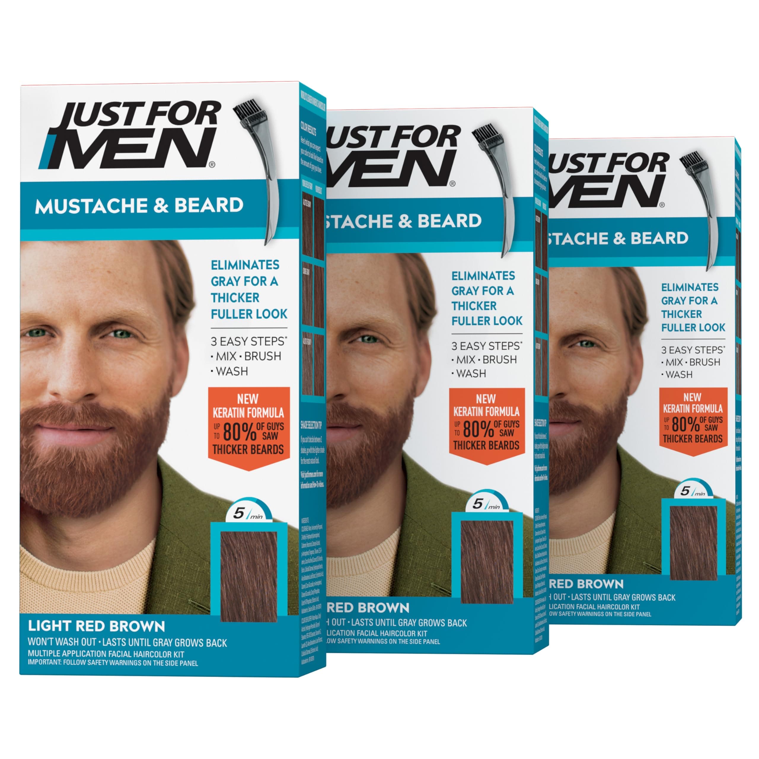 Just For Men Mustache & Beard, Beard Dye for Men with Brush, With Keratin Biotin Aloe and Coconut Oil for Healthy Facial Hair - Light Red Brown, M-27, Pack of 3 (Packaging May Vary)