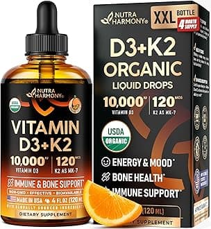 Vitamin D3 K2 USDA Organic Drops - Vitamin D3 10000 IU & K2 as MK-7 120mcg - Immune & Mood Support, Bone & Teeth Health - Sugar-Free Orange Flavor - Liquid Supplement - Made in USA - 4 FL OZ, 120 Days
