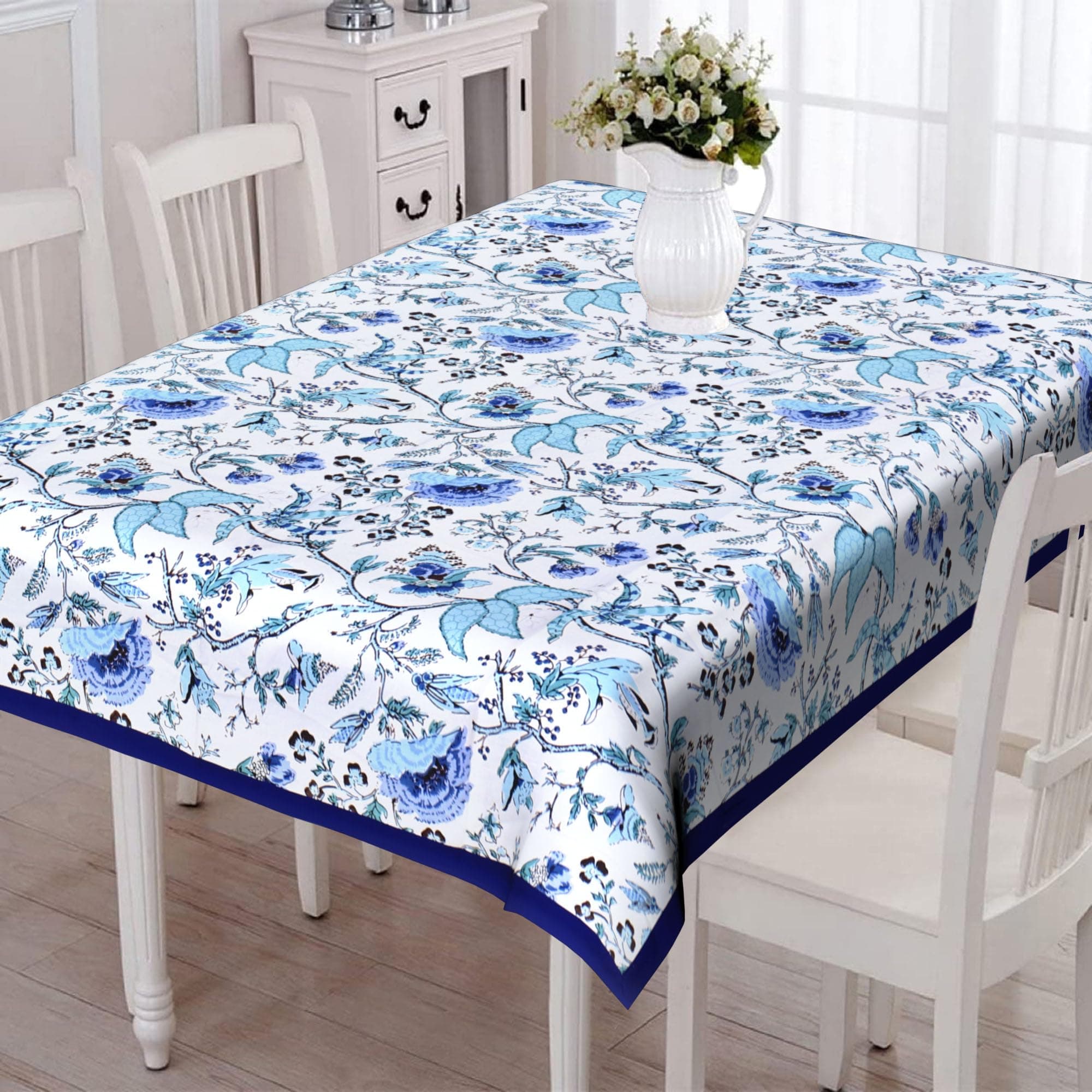 URBANO HOMZ Table Cloth for 6 Seater Rectangular Dining Table, 60 Inches X 90 Inches Cotton Dining Table Cover 6 Seater, Beautiful Floral Print in Blue and White with Blue Piping