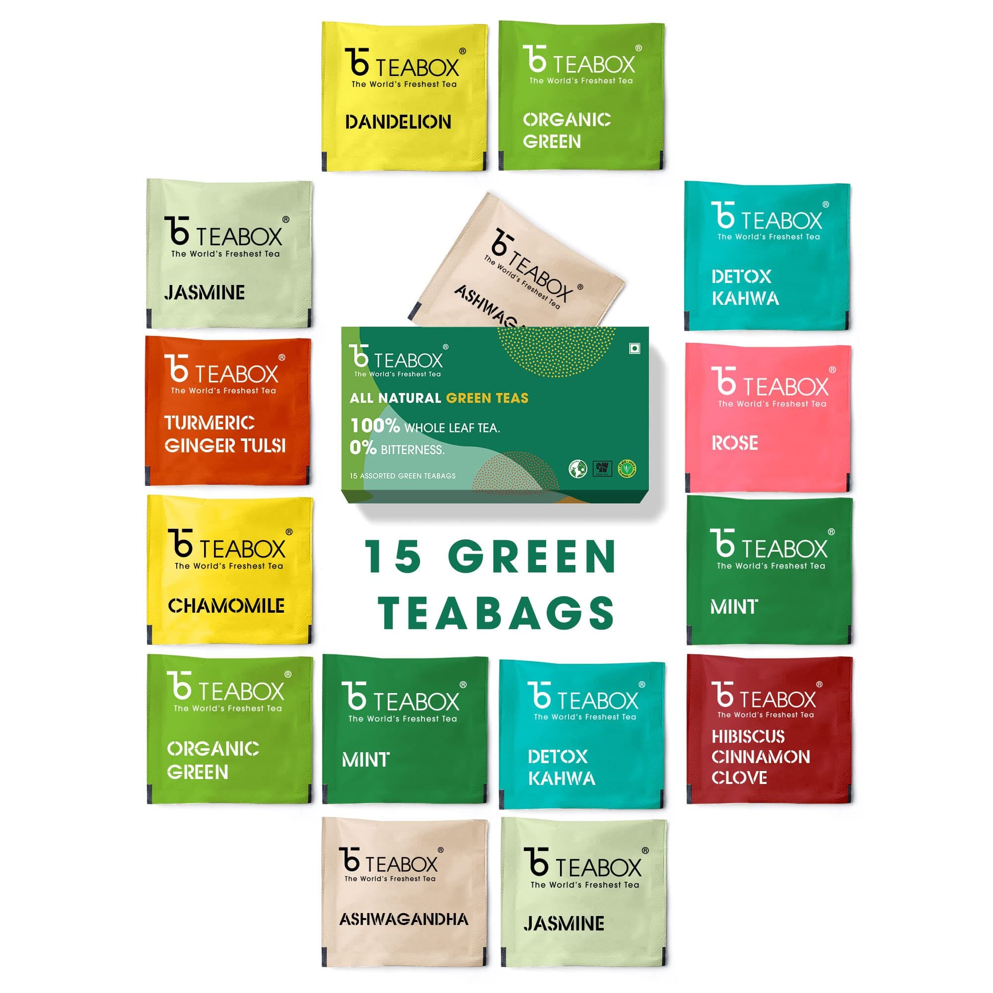 Teabox 100% Natural Immunity Boosting Green Tea Sampler Box, 15 Tea Bags