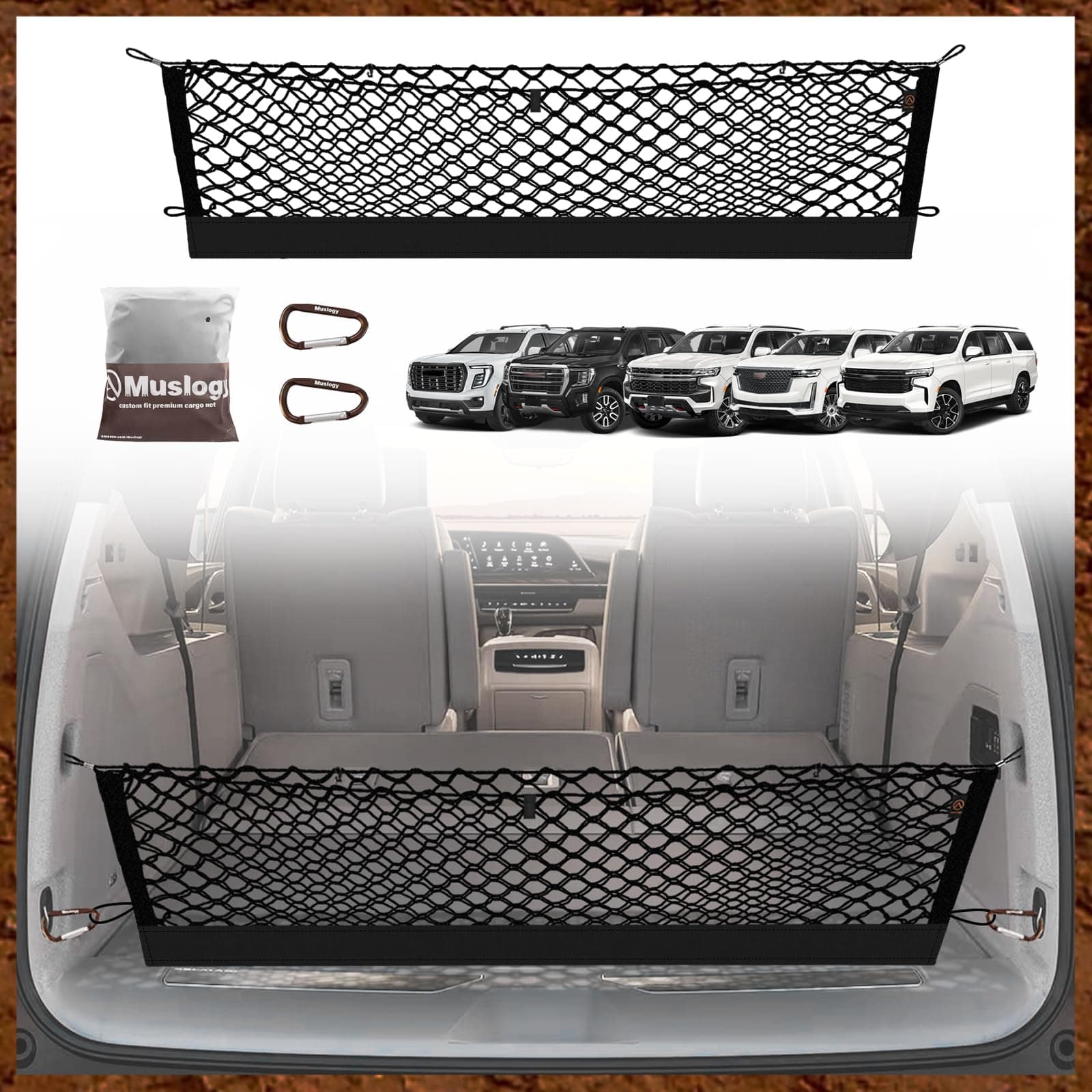 Muslogy Envelope Style Trunk Cargo Net Compatible with 2021-2025 Chevy Suburban&Tahoe, GMC Yukon&Yukon XL, Cadillac Escalade Accessories Upgraded Mesh Storage Luggage Net with Metal Hooks