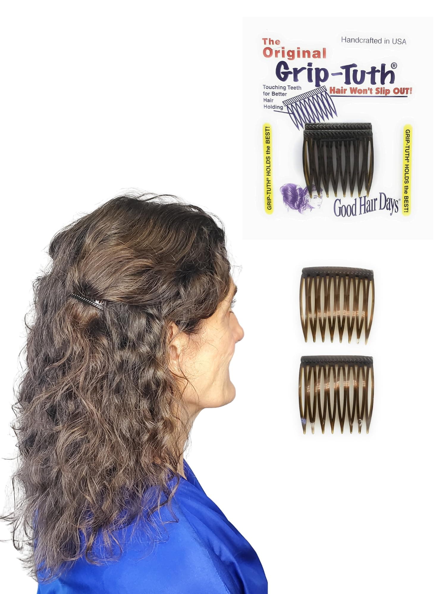 Grip-Tuth Combs - 1 1/2" Side Combs, For All Types Of Hair, Decorative & Styling Women Accessories - Tortoise Shell, Set Of 2