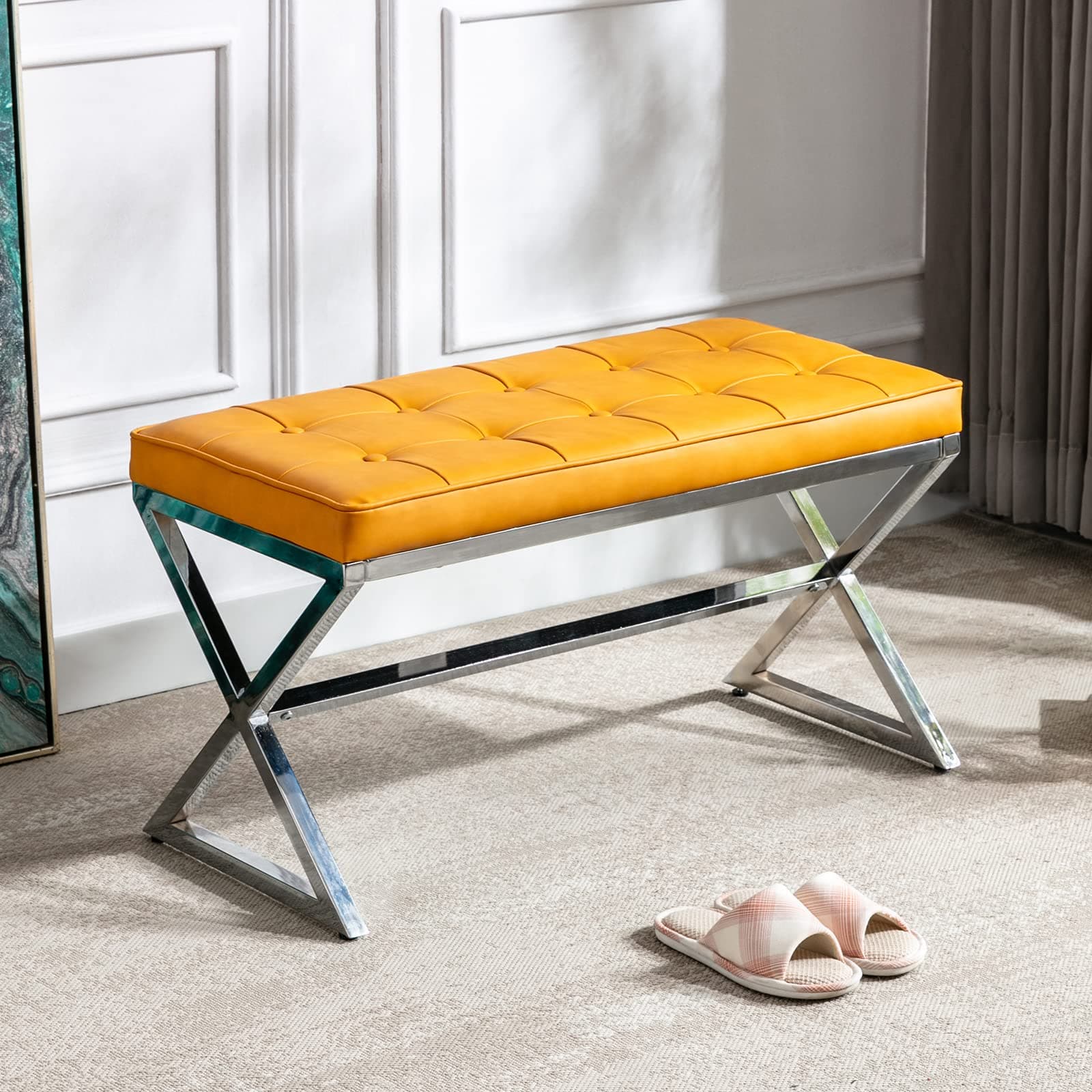 Wahson PU Leather Ottoman Bench Seat Button Tufted Bed End Stool with Sturdy Metal Legs, Window Seat Footstools for Entryway, Yellow