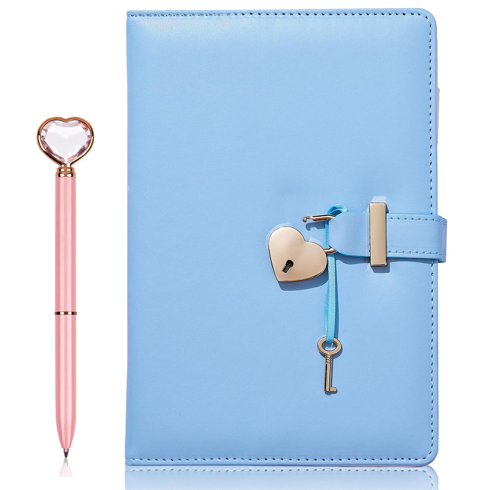 fengco A5 Heart Shaped Lock Diary,Refillable Notebook,PU Leather Journal Travel Diary with Lock and Key,Personal Planner Secret Organizers Gift for Girls Women Daughter Wife(Blue)