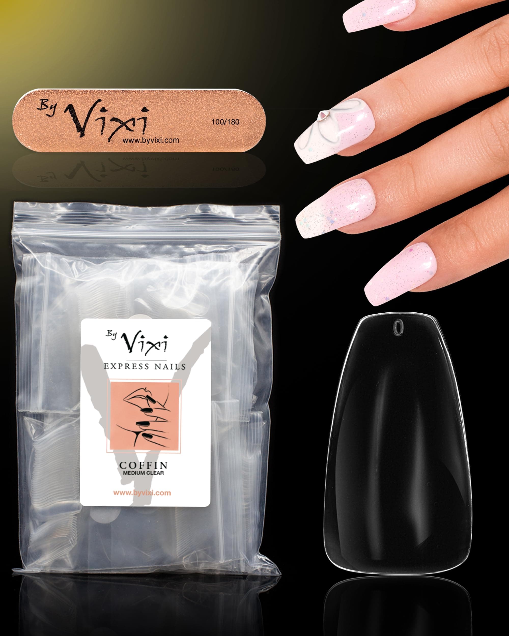 600 Medium Coffin Press On Nails Set with By Vixi Prep File – Clear Full Cover False Nails, Stick On Fake Nail Tips 12 Sizes, Acrylic Nail Extensions for Gel Polish & Nail Art
