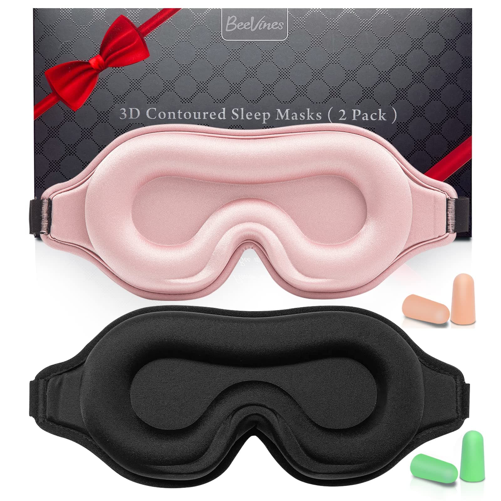 BeeVines 2 Pack 3D Contoured Sleep Mask Sleeping Eye Masks for Lash Extensions, Night Molded Mask with Adjustable Strap, 100% Block Light Eye Shade Cover for Traveling Yoga Nap