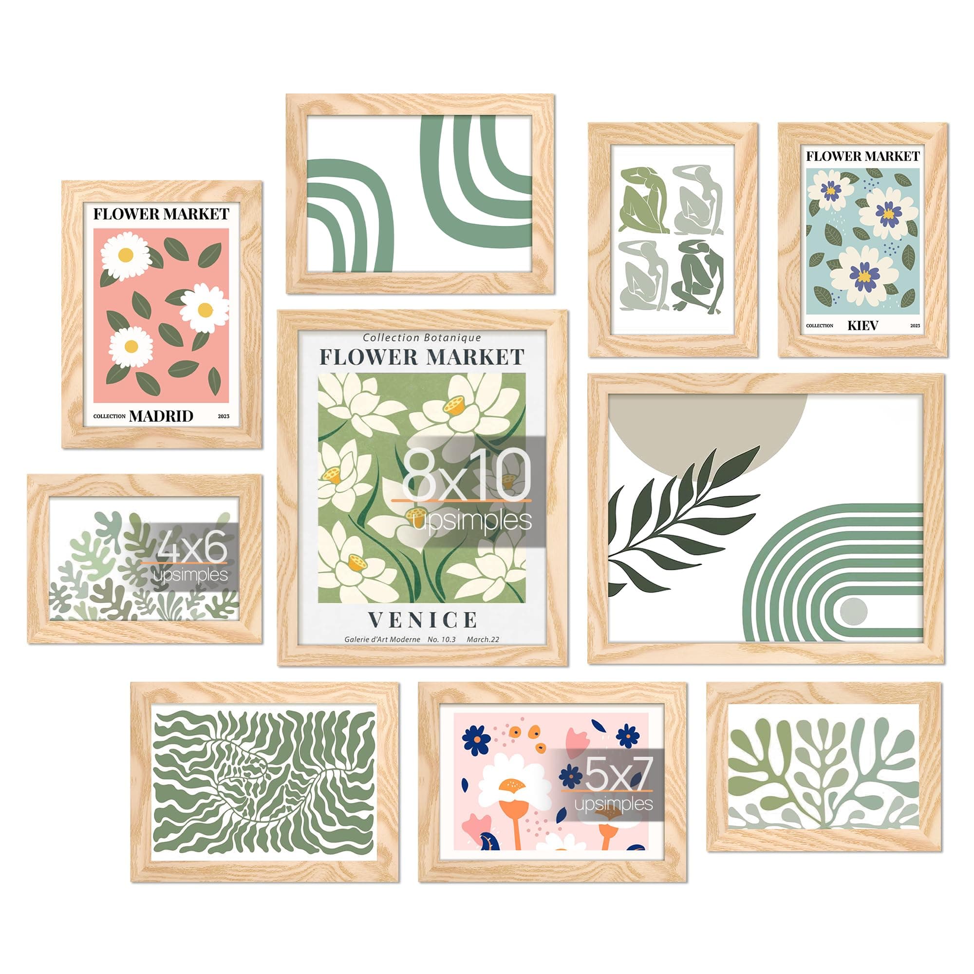 upsimples 10 Pack Picture Frames Collage Wall Decor for Mounting or Tabletop Display, Photo Gallery Frame Set for Family, Multi Sizes Including 8x10, 5x7, 4x6, Natural