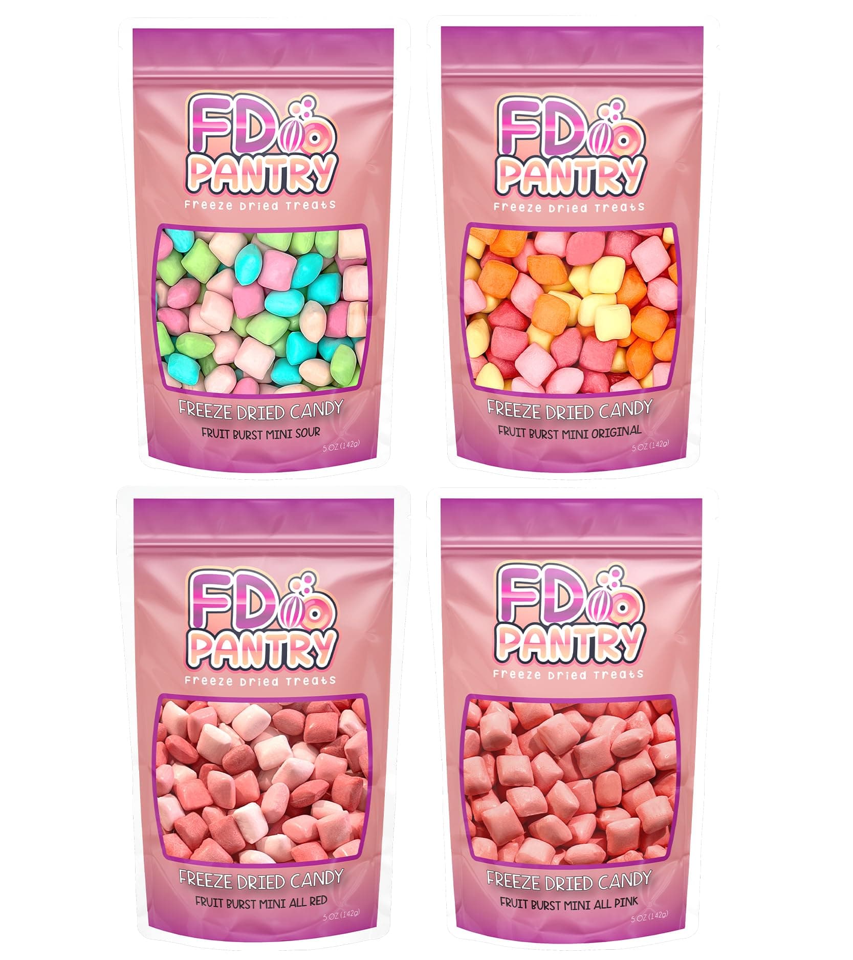 Freeze-Dried Candy Variety Pack, Fruit Burst, 5 oz (4 Pack), Original, All Pinks, All Reds, Sour, Assorted Combo, Gift Bag, 1.25 lb