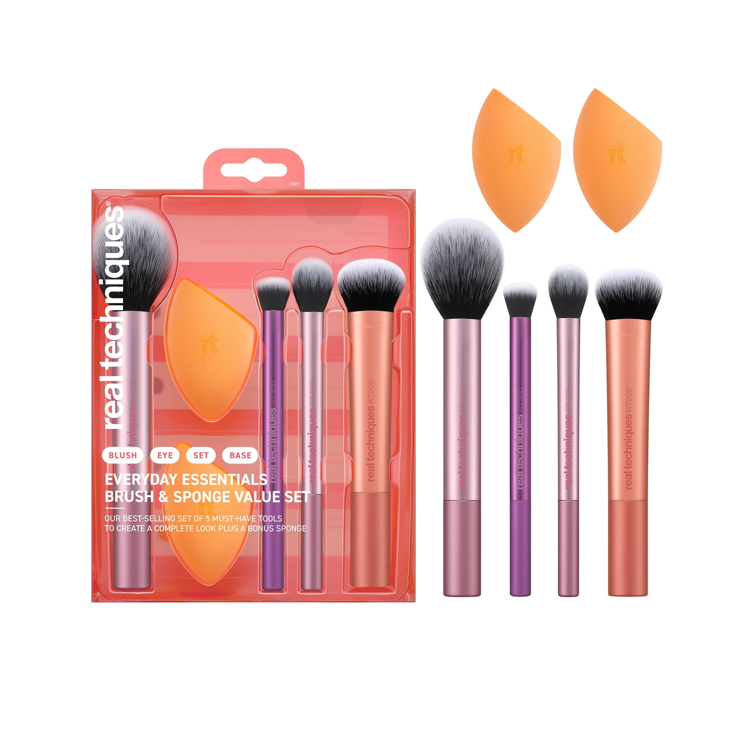 6 Piece Everyday Essentials Makeup Brush Set, Includes 4 Brushes & 2 Makeup Sponges, For Foundation, Blush, Bronzer, Contour, Eyeshadow, & Powder, Travel Gift Set, Cruelty-Free & Vegan