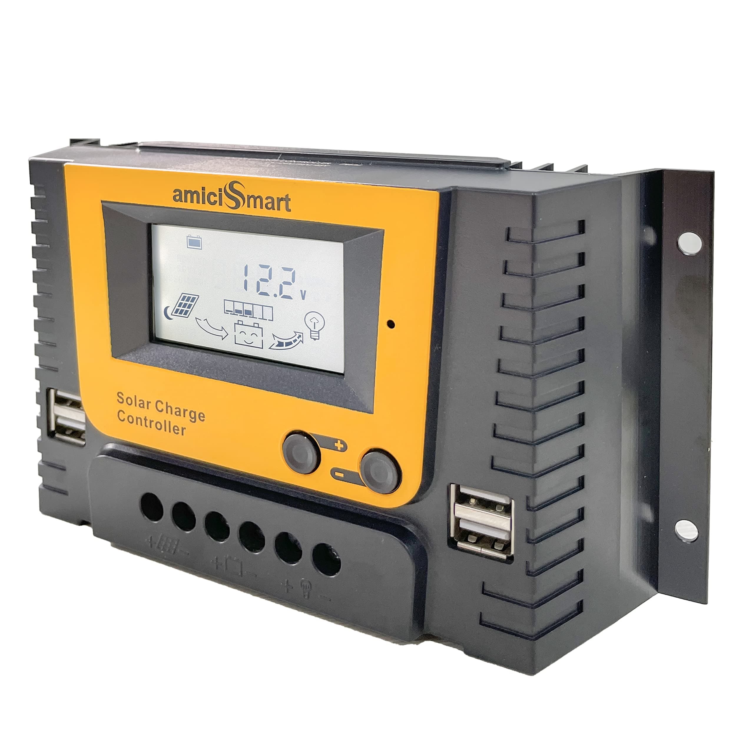 amiciSmart Solar Charge Controller, 4-Stage Intelligent Lithium Battery Regulator For Solar Panel With Lcd Display Usb Port 12V,24V,36V,48V (40A)