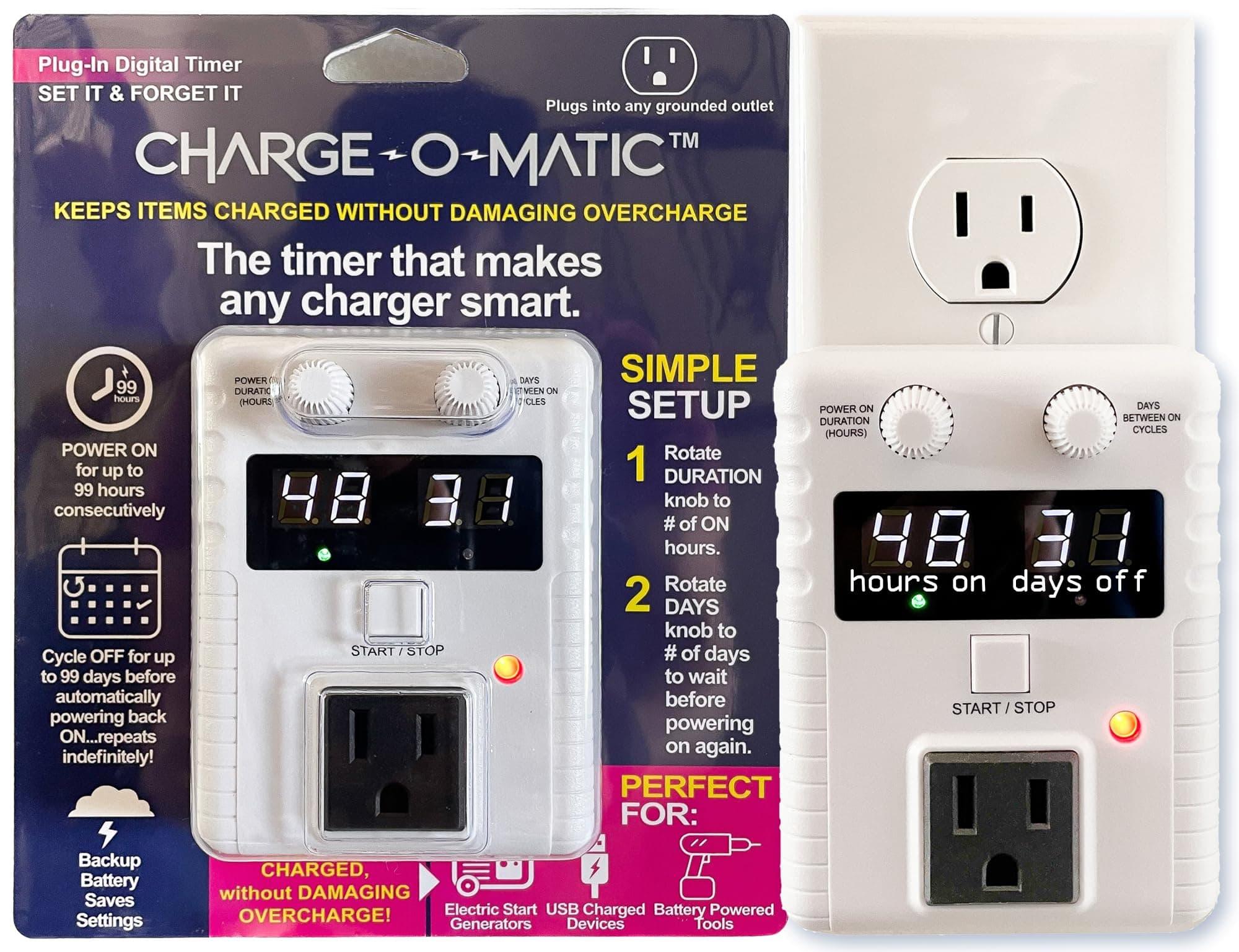 Charge-O-Matic - The Timer That Makes Any Charger Smart. Power on for up to 99 Hours, Cycle Off for up to 99 Days, Repeats indefinitely! 30 Day Timer. 60 Day Timer. 90 Day Timer. ETL Certified.