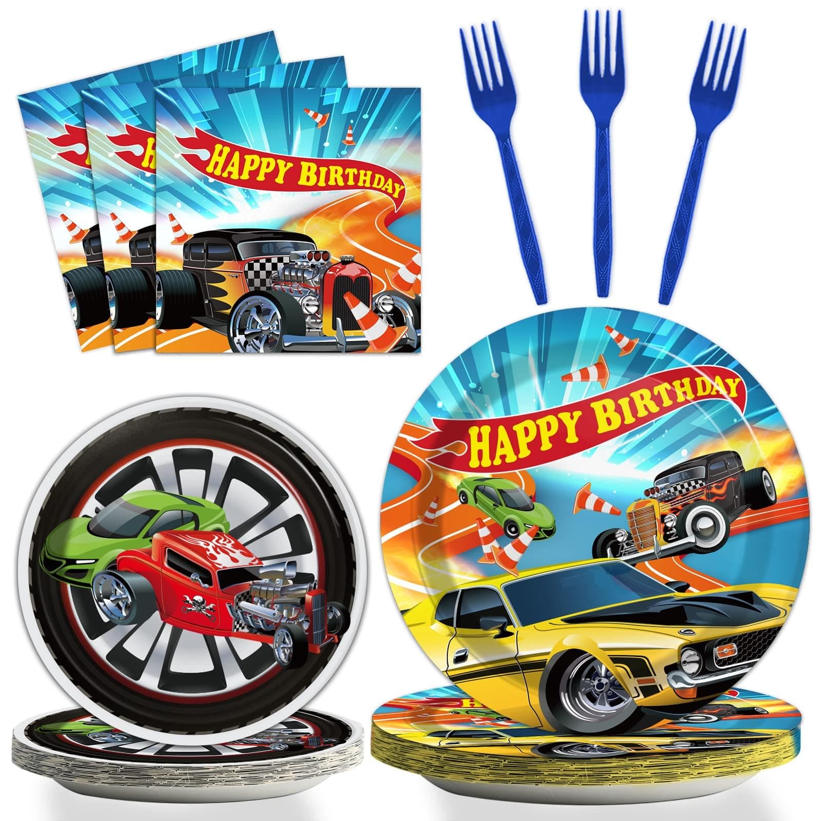 96 Pcs Racing Tableware Set - Hot Car Birthday Dinnerware - Disposable Plates, Napkins, Forks for Kids Boys - Happy Birthday Party Decorations Supplies for 24 Guests