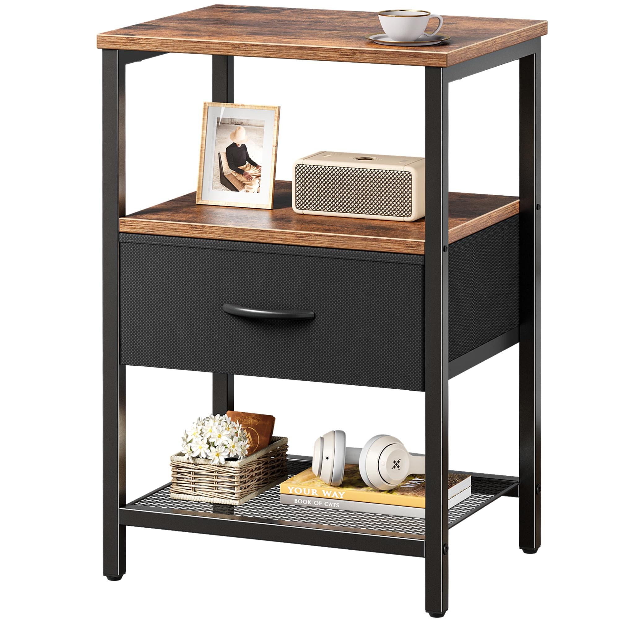 Huuger Night Stand with Fabric Drawer, Side Table with Mesh Shelf, Bedroom Nightstand, Fabric Drawer Dresser, Open Shelf, Metal Frame, Couch Side, Rustic Brown and Black
