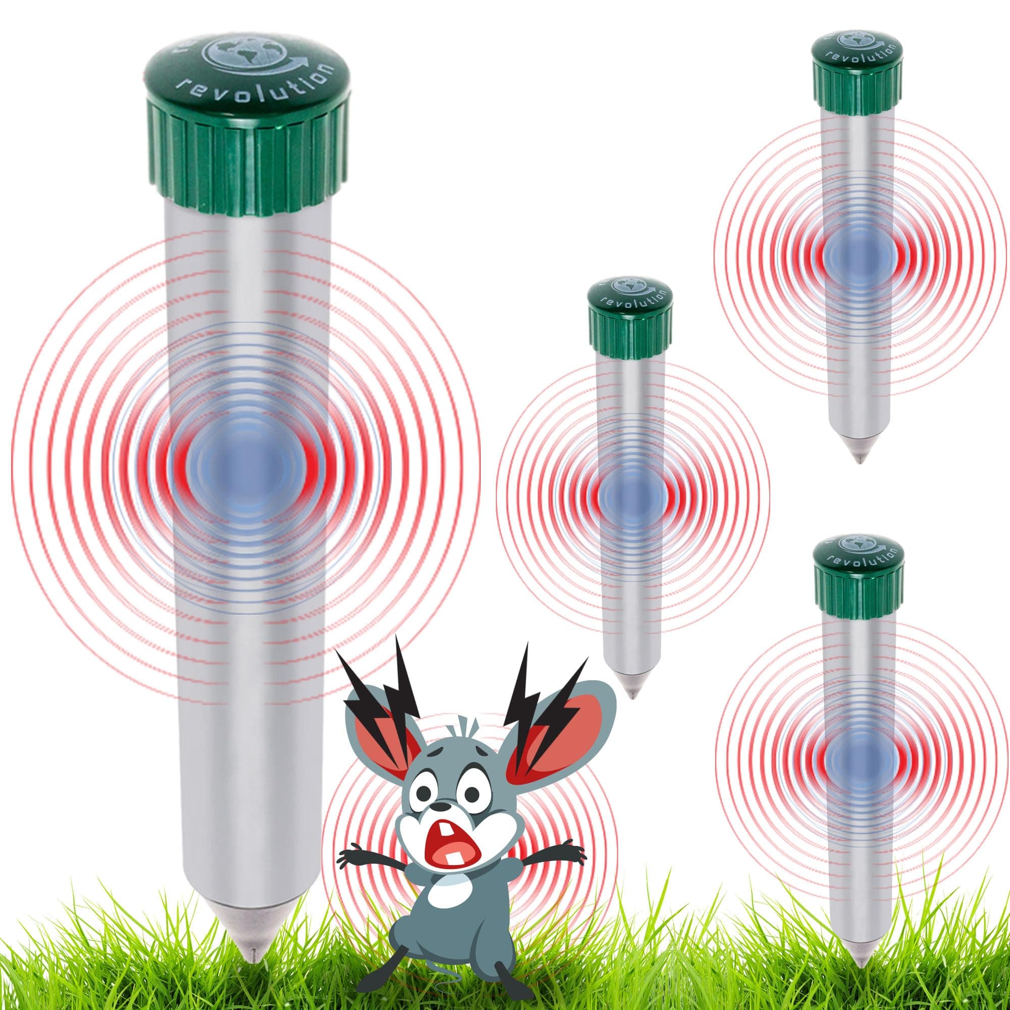 4 Pack Sonic Mole Chaser - Battery Operated Pest Repeller Stake, Scares Away Moles, Voles, Gophers and Rats by Reusable Revolution (Metal & Green)