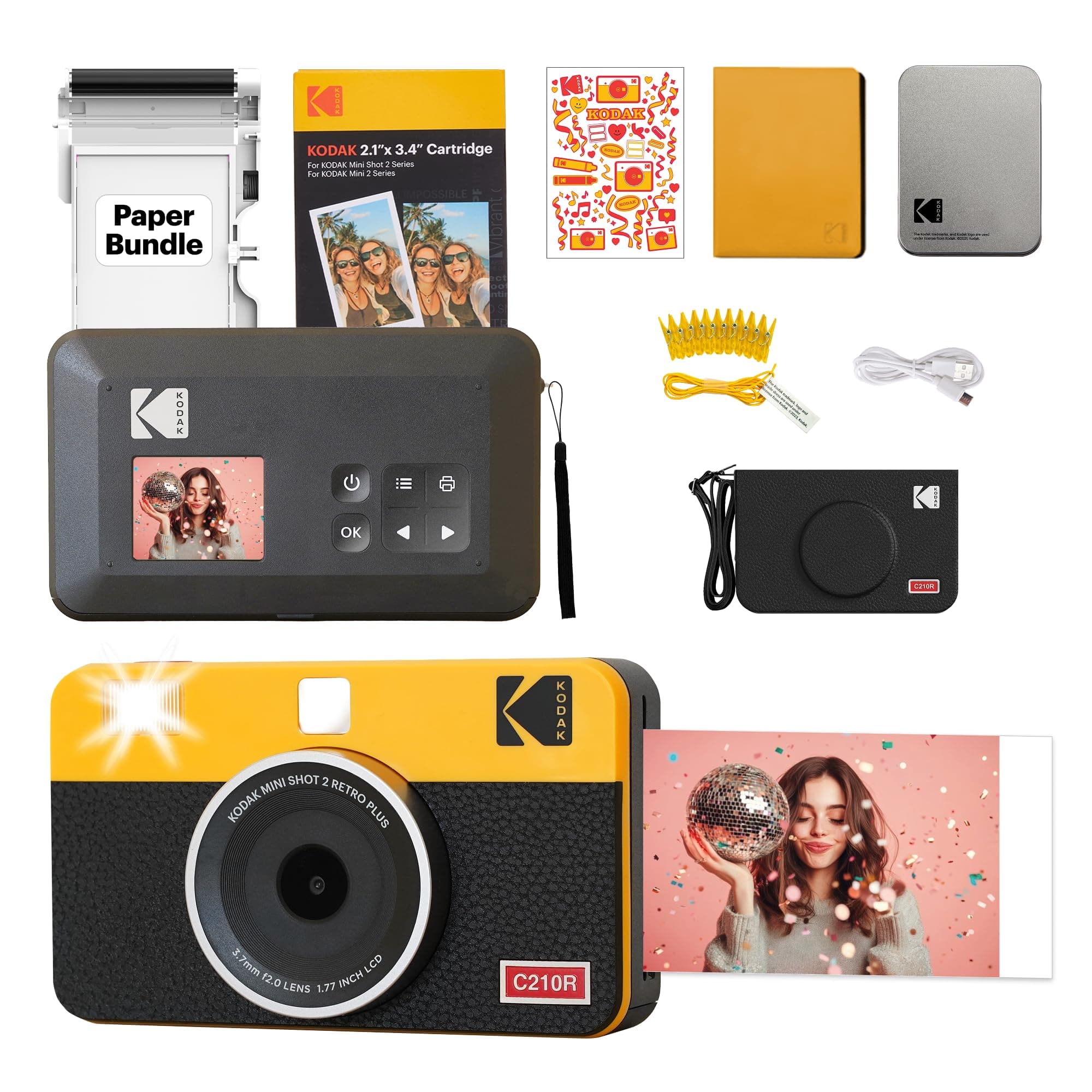 Kodak Mini 2 Retro 4PASS Portable Photo Printer for iPhone & Android, 5.3x8.6cm Instant Prints, 38 Sheet Bundle, Black