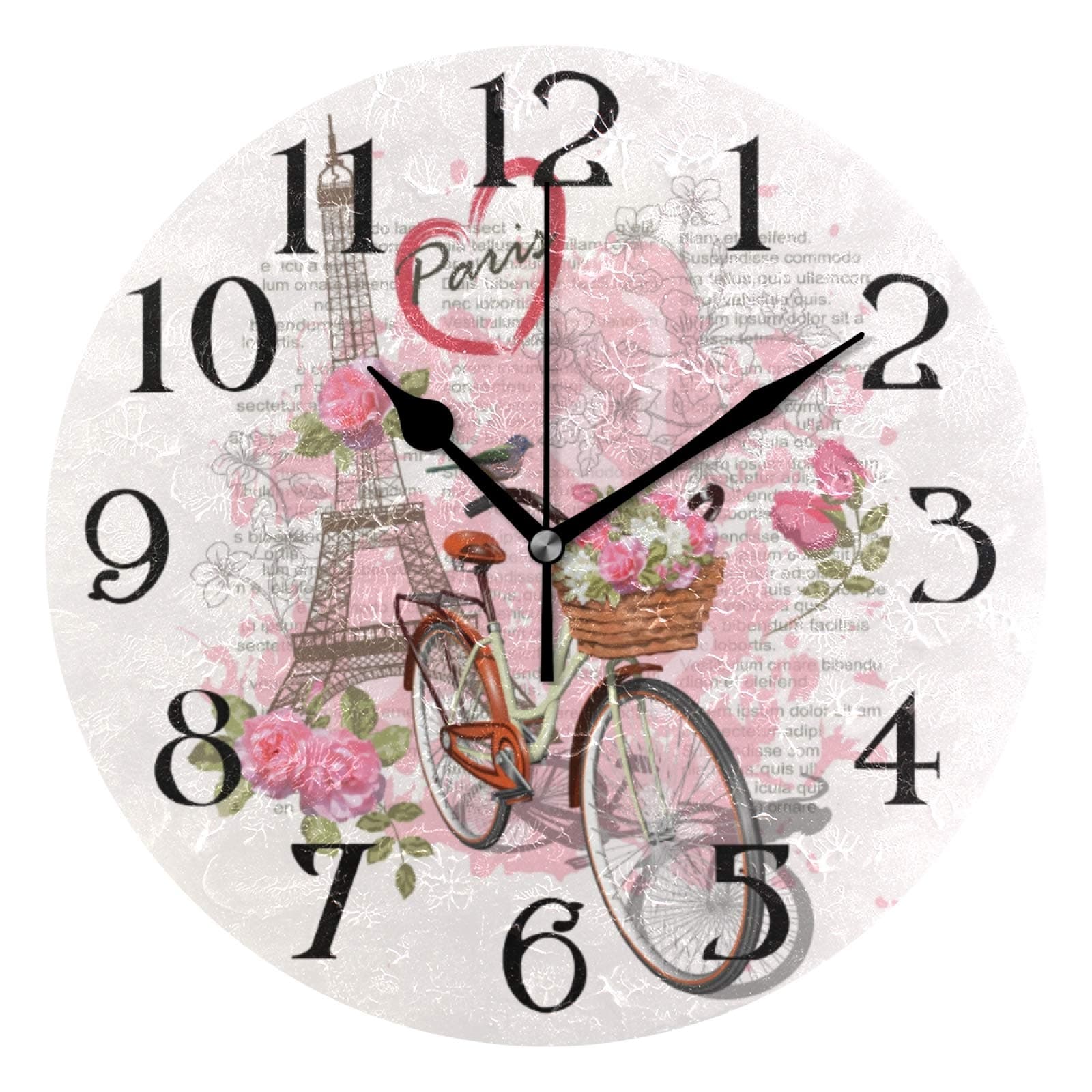 ALAZA Modern Wall Clock Non-Ticking Kitchen Clock Paris Eiffel Tower Bicycle Decorative Round Clocks 9.5 in Battery Operated Quartz Analog Desk Clock Living Room Bathroom Garden Home Decor