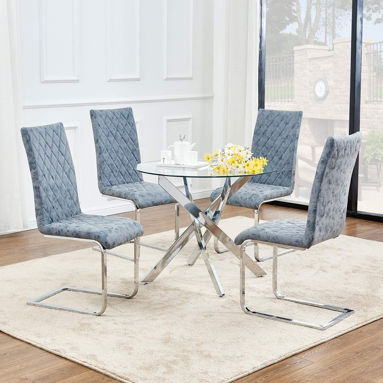 Clear Glass Dining Table and 4 Slate Chairs Set Stable Chrome Cross Legs Distressed Leather Cushion Padded Seat Back Solid Living Room Corner Round Dinner Table