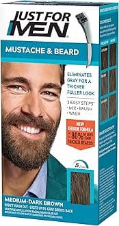 Just For Men Mustache & Beard, Beard Coloring for Gray Hair with Brush, With Keratin Biotin Aloe and Coconut Oil for Healthy Facial Hair - Medium-Dark Brown, M-40, Pack of 1 (Packaging May Vary)