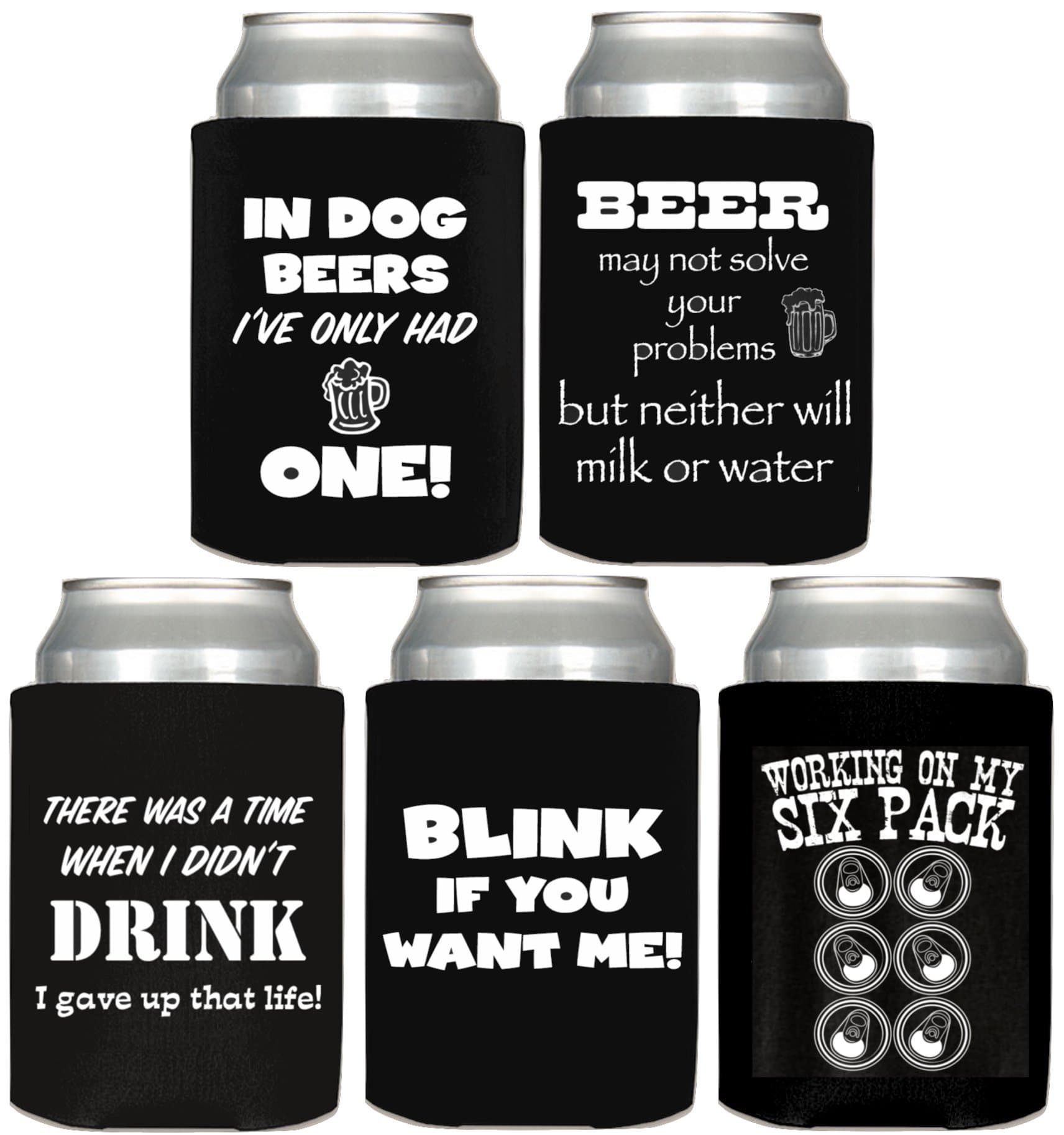 Funny Saying Beer Can Cooler 5 Pack Polyurethane Coolers with 5 Unique Quotes (Set 2)