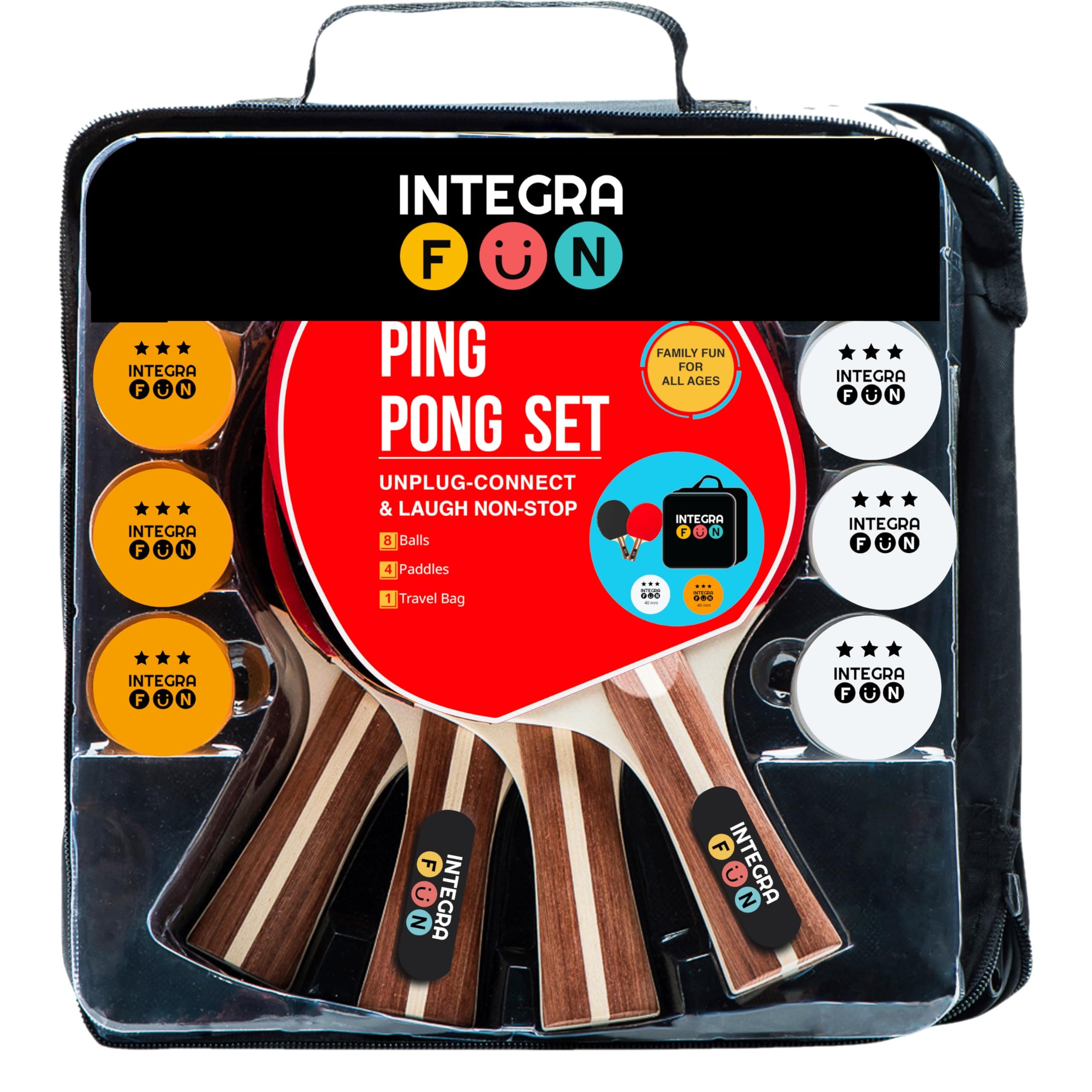 Ping Pong Paddles and Balls Set by IntegraFun- 4 Player Table Tennis Set, Balls & Carry Bag - Portable Ping Pong Table Set - Training/Casual Play - Improved Speed Spin & Control -Hours of Family Fun.