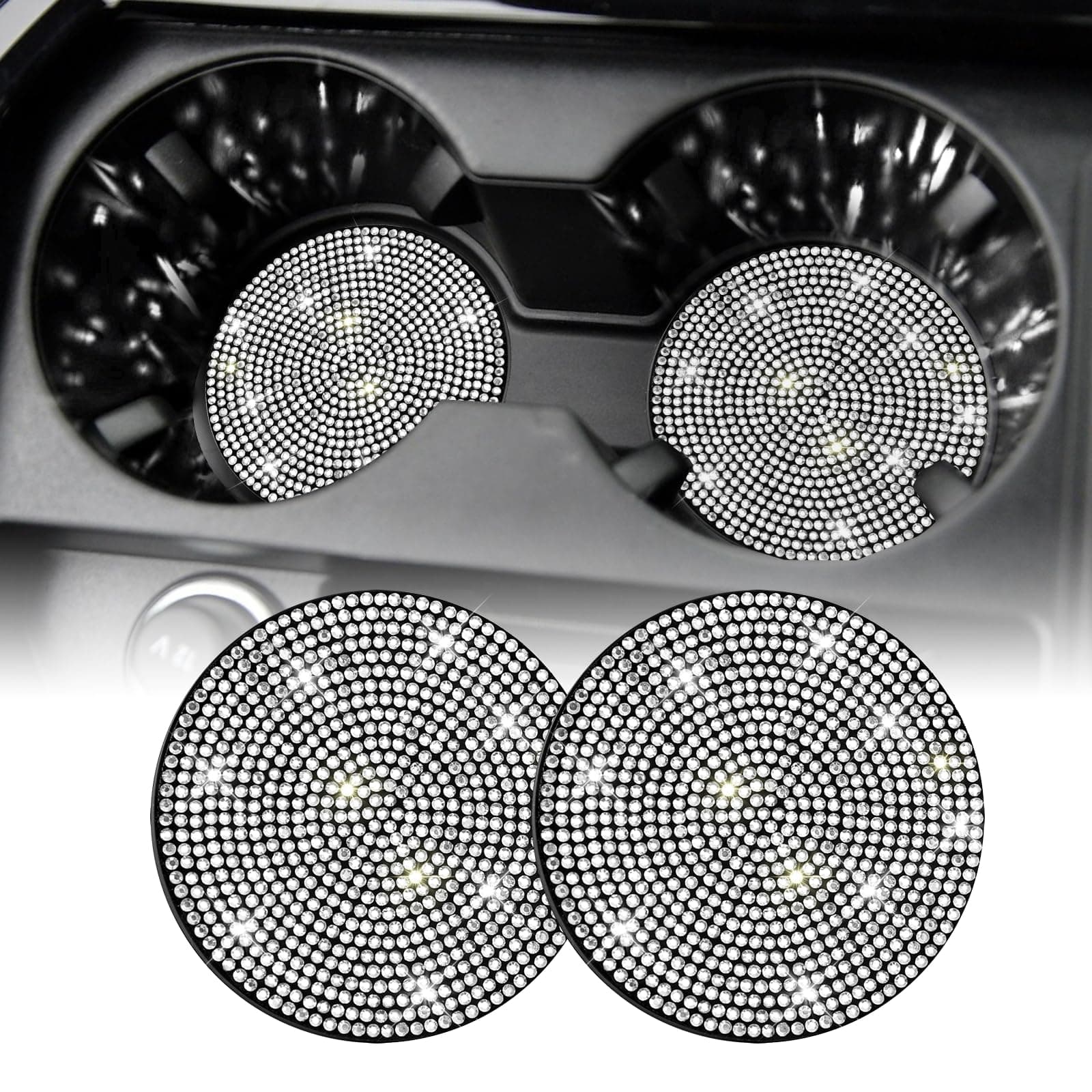 SINGARO Bling Cup Holder Coasters for Car, 2PCS Universal Non-Slip Cup Holder, Embedded Decorative Coasters, Shiny Crystal Car Interior Accessories Gifts for Women (White)
