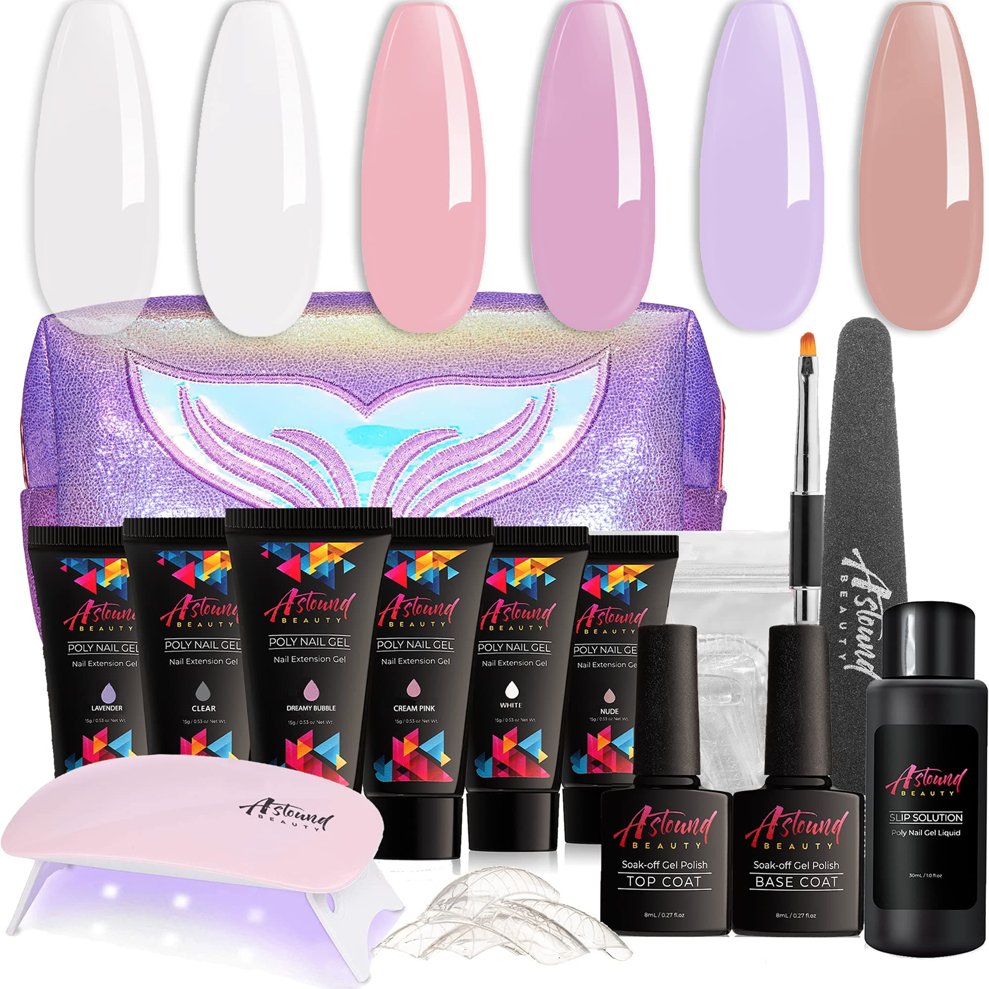 Astound Beauty Poly Nail Gel Kit with UV Lamp, Slip Solution - All-in-One Poly Nail Gel Kit