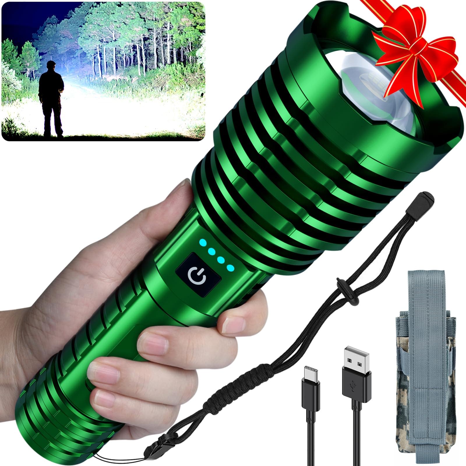 Super Bright Flashlight 5000.000 High Lumens, LED Rechargeable Flashlights Powered by Battery, Handheld Waterproof Tactical Flashlight-Zoomable 5 Modes-31H Runtime for Emergency Camping (Green)