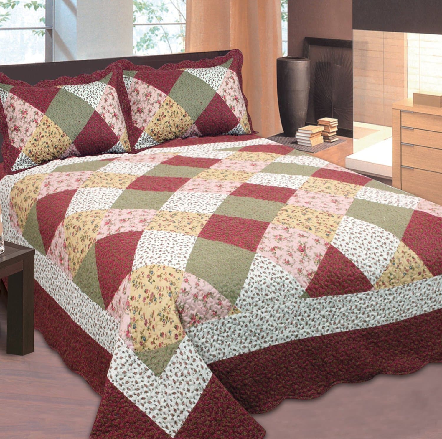 Full/Queen 3pc Quilted Bedspread Set Floral Patchwork Burgundy Green Pink New