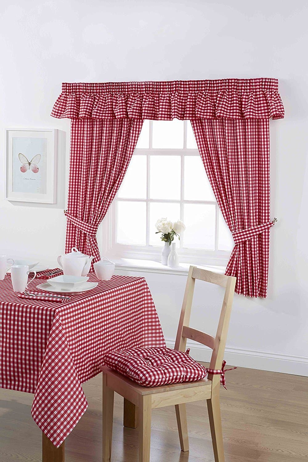 Gingham Check Cherry Unlined Readymade Curtain 46x48in (116x122cms) Approximately. Includes Tie Back Pair.