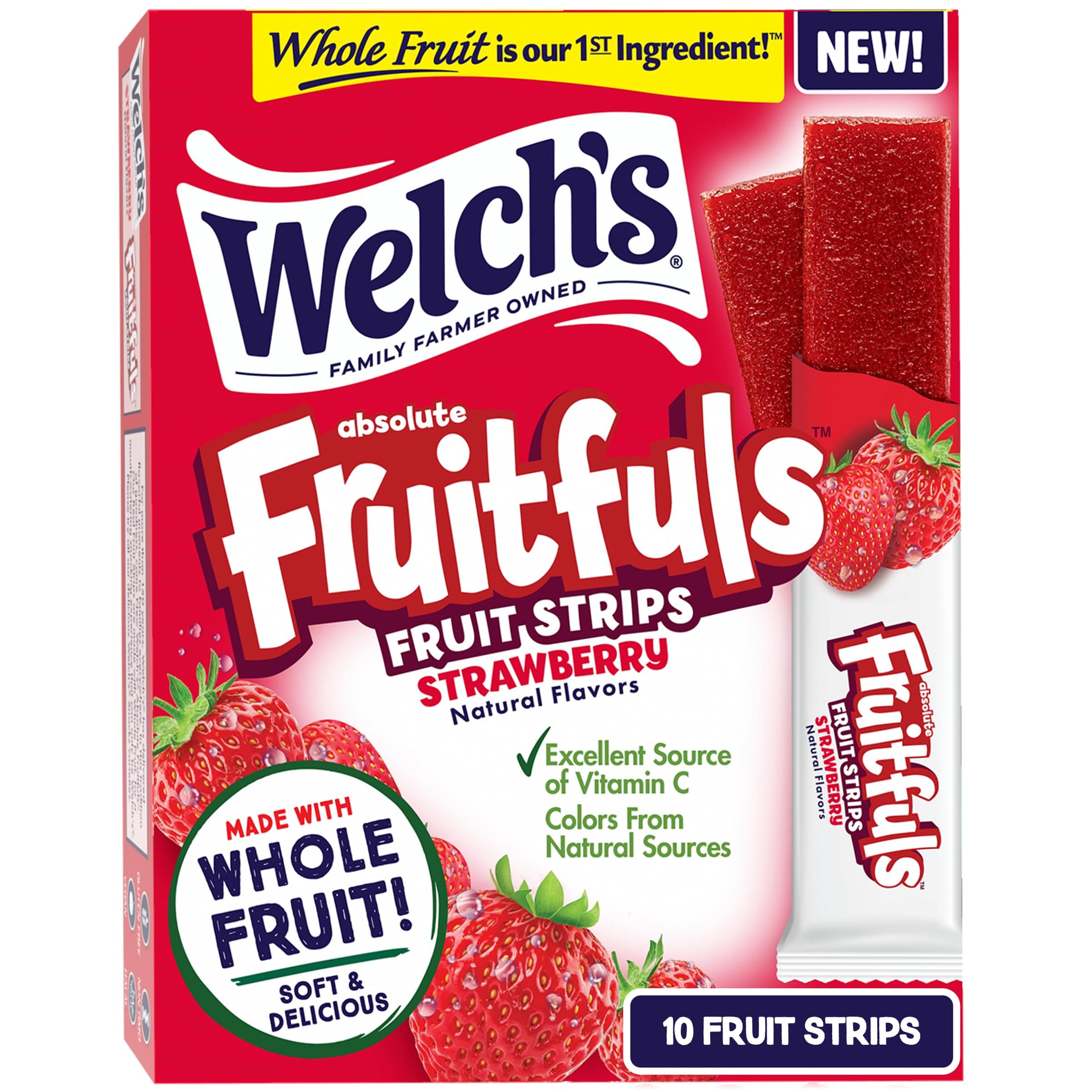 Absolute Fruitfuls Fruit Strips, Delicious Dried Fruit Snacks for School Lunch, Strawberry, 0.5oz (Pack of 10)